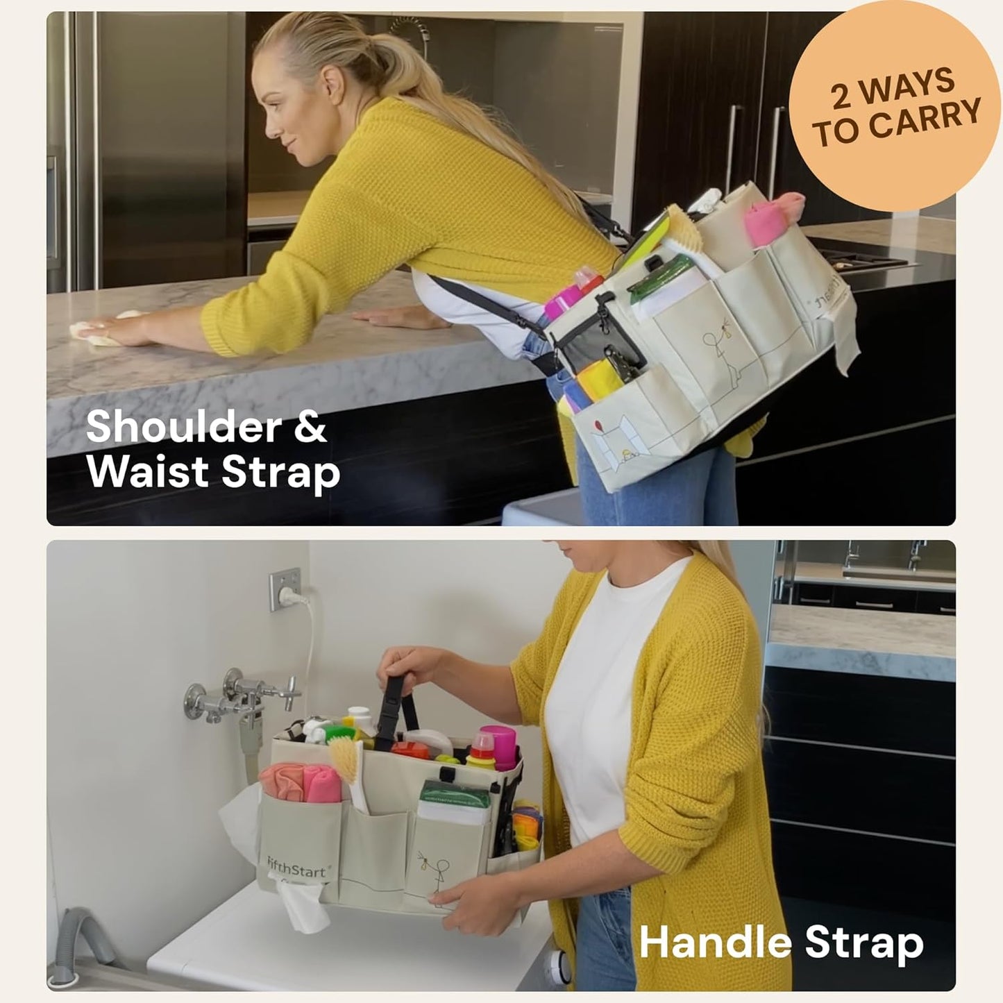 FifthStart Multiuse Cleaning Caddy with Waist & Shoulder Strap - Diaper Caddy & Beach Bag - 9 Pockets & Mesh Base - Adjustable Compartments (Beige, Small) - Cleaning Supplies Organizer