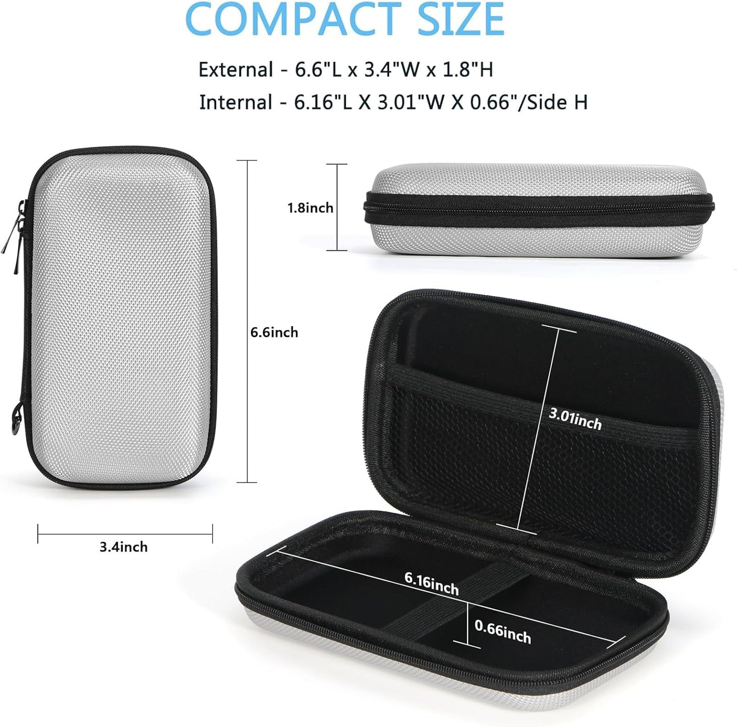 GLCON Portable Protection Hard EVA Travel Carrying Case with Mesh Pocket, Shockproof Exterior - Universal Small Electronic Tech Zipper Bag Pouch Organizer for Cell Phone, Charger, Cord, Cable - Silver