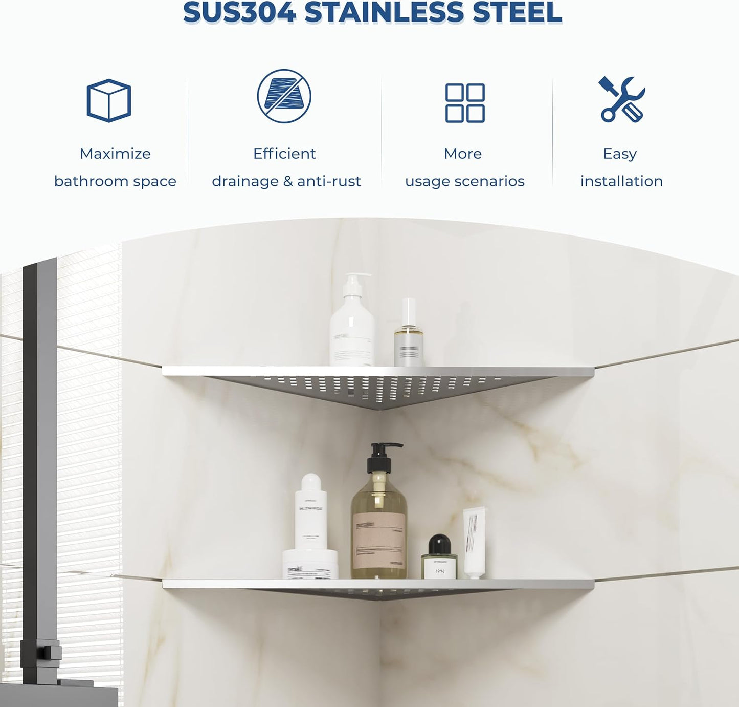 FerdY 2-Pack 10" Brushed Nickel Recessed Corner Shower Shelf, for Tiled Bathroom Walls, 304 Stainless Steel Floating Shower Shelf, Shower Caddy Storage Shelves, No Drilling Required, Point Triangle