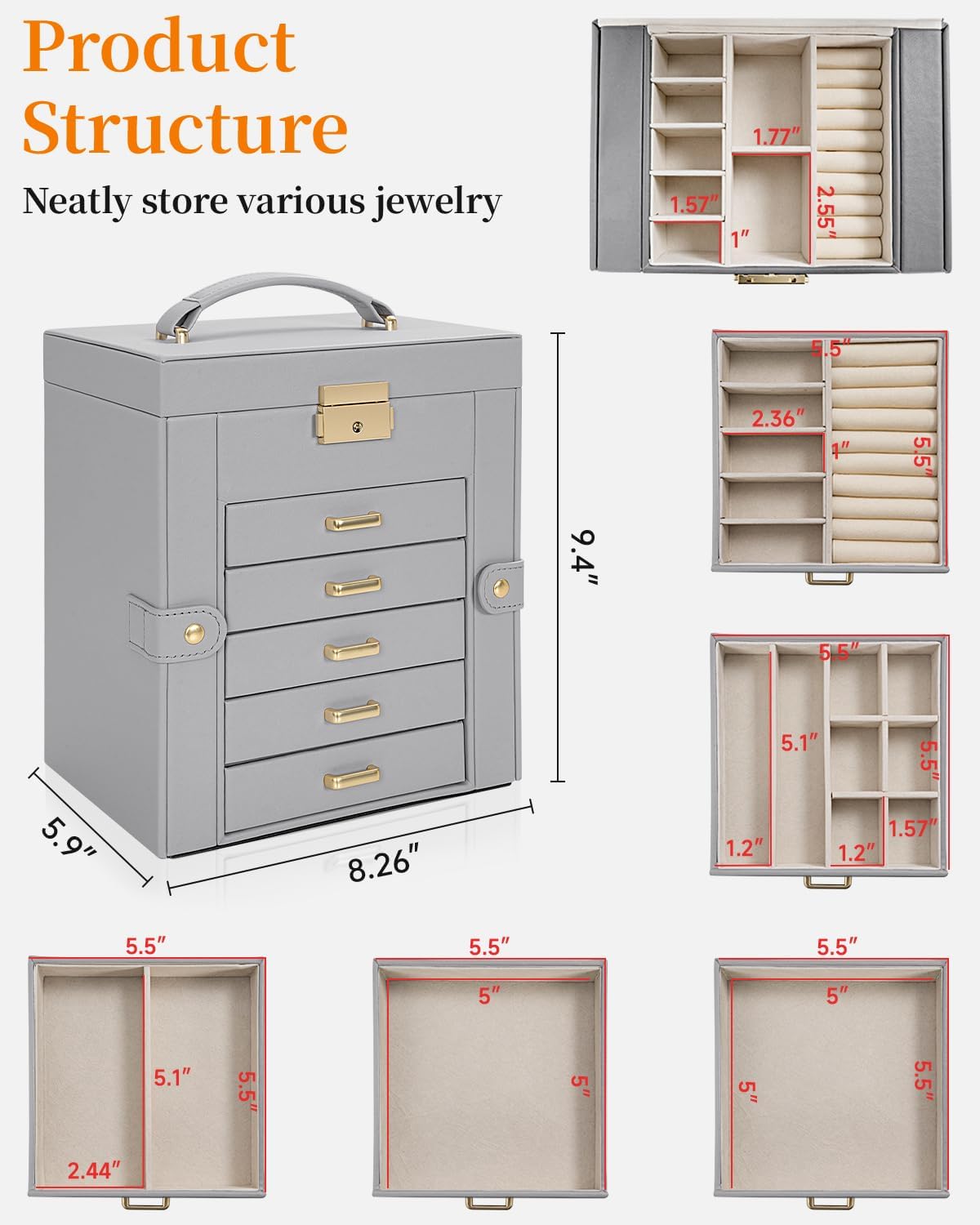 TORIBIO Large Jewelry Box for Women, Leather Jewelry Organizer with Mirror & Lock, 6-Tier Jewelry Storage Case for Girls/Women/Mothers, Necklace Earring Bracelets Holder Organizer
