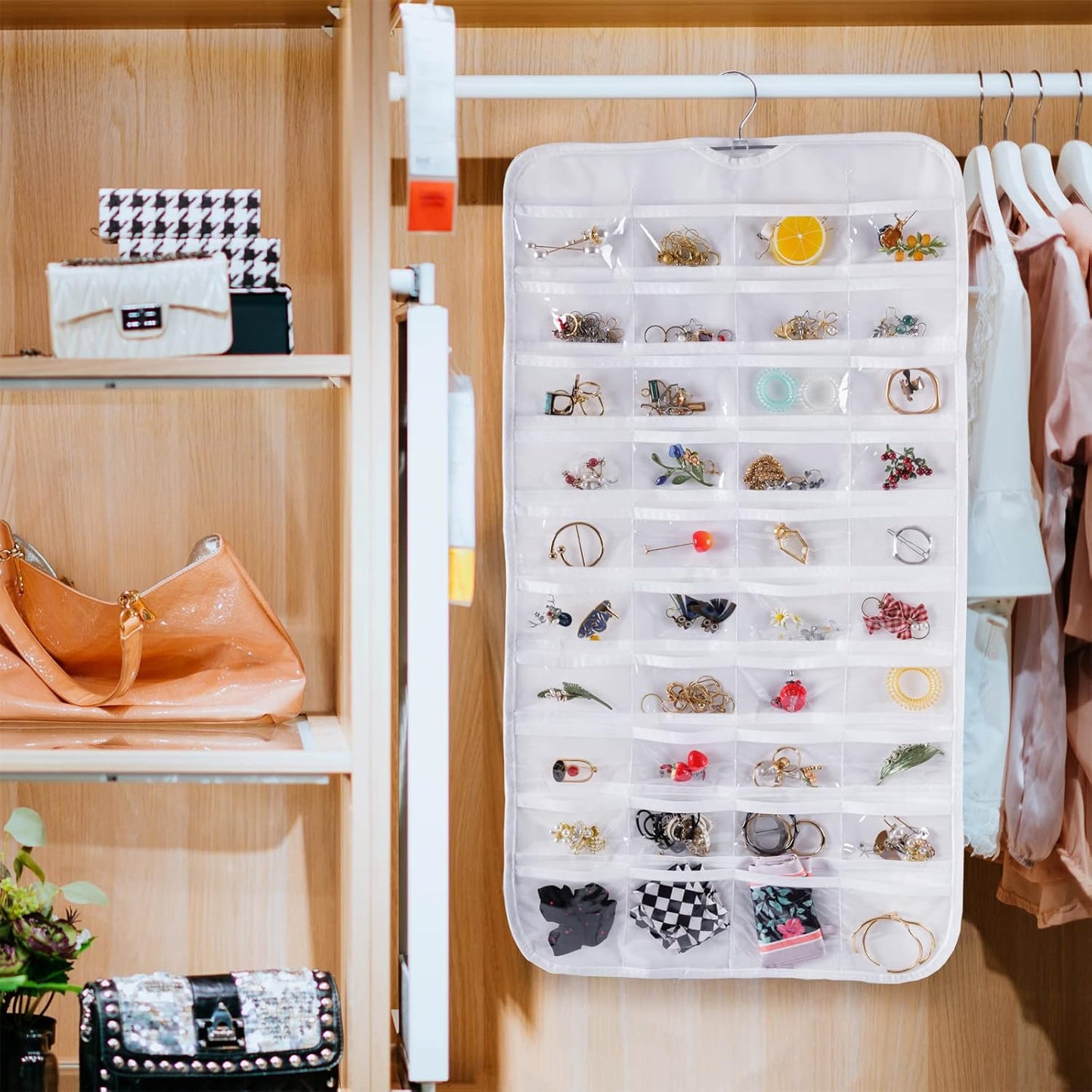 Bloss Hanging Jewelry Organizer With 80 Pockets Double-Side Dating Gifts Jewelry Storage Hanger For Accessories Jewelry Earring Holder Storage for Closet,Wall, Door, Travel-White
