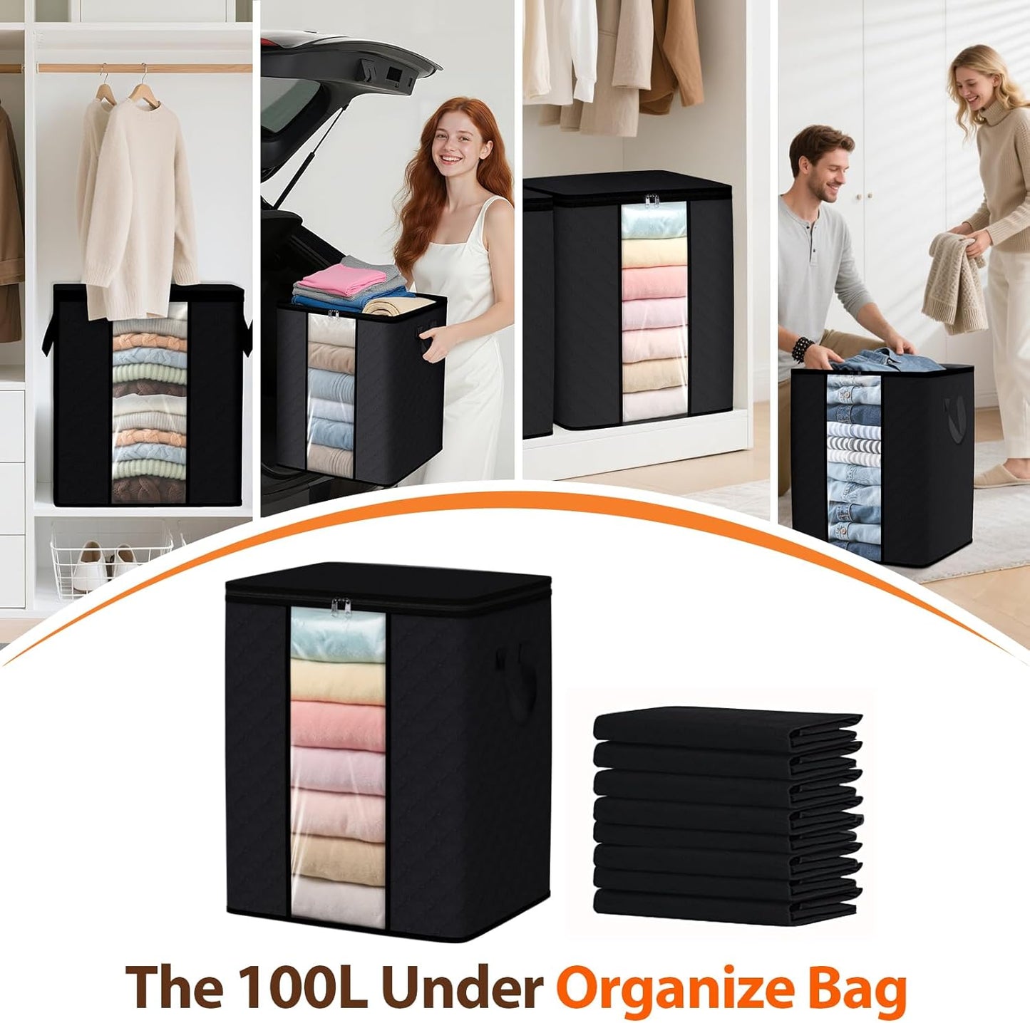 SpaceWhisper 8 Pack 100L Clothes Storage, Foldable Thick Fabric Blanket Storage Bags, Containers for Organizing Bedroom, Closet, Clothing, Comforter,Closet Organization with Handle,Black