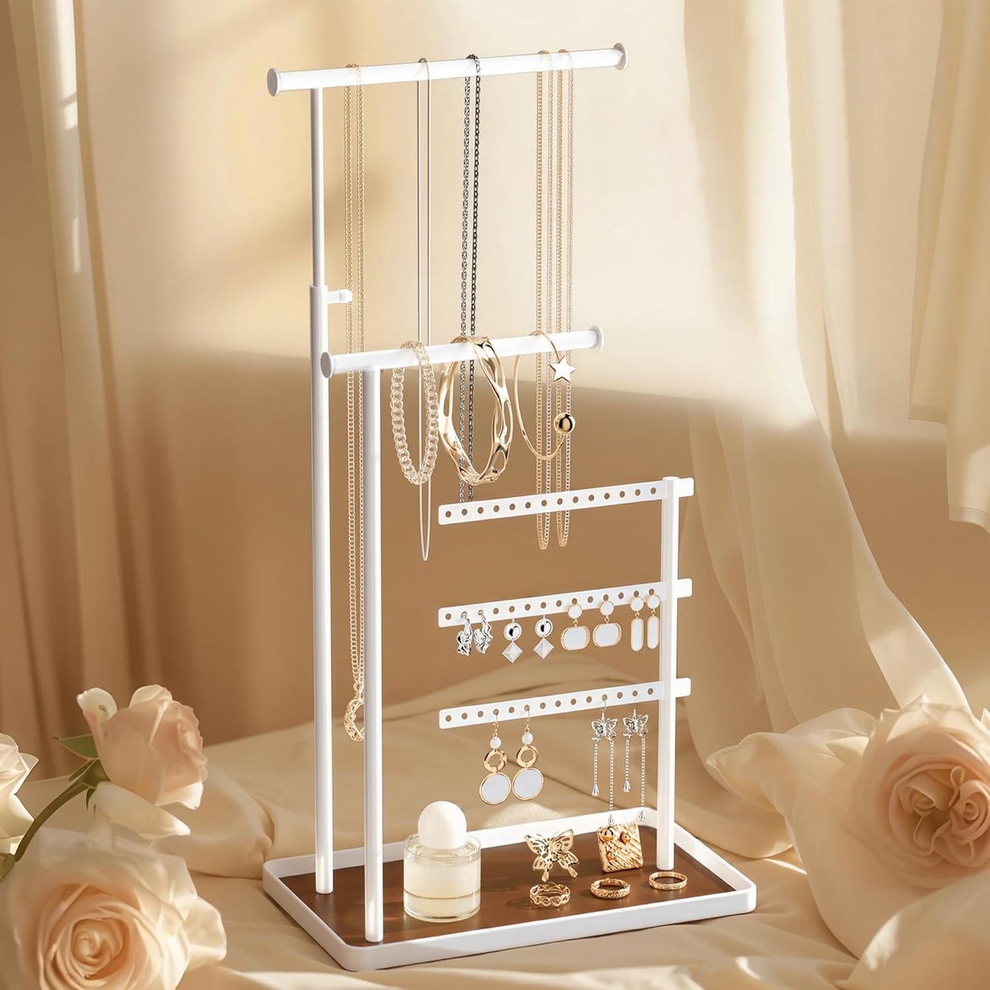 Jewelry Holder Organizer Stand - Adjustable Tall 17.5" (Max), Sturdy Jewelry Hanger for Necklaces, Earrings, Bracelets, Rings, Jewlery Display and Storage, White, Metal