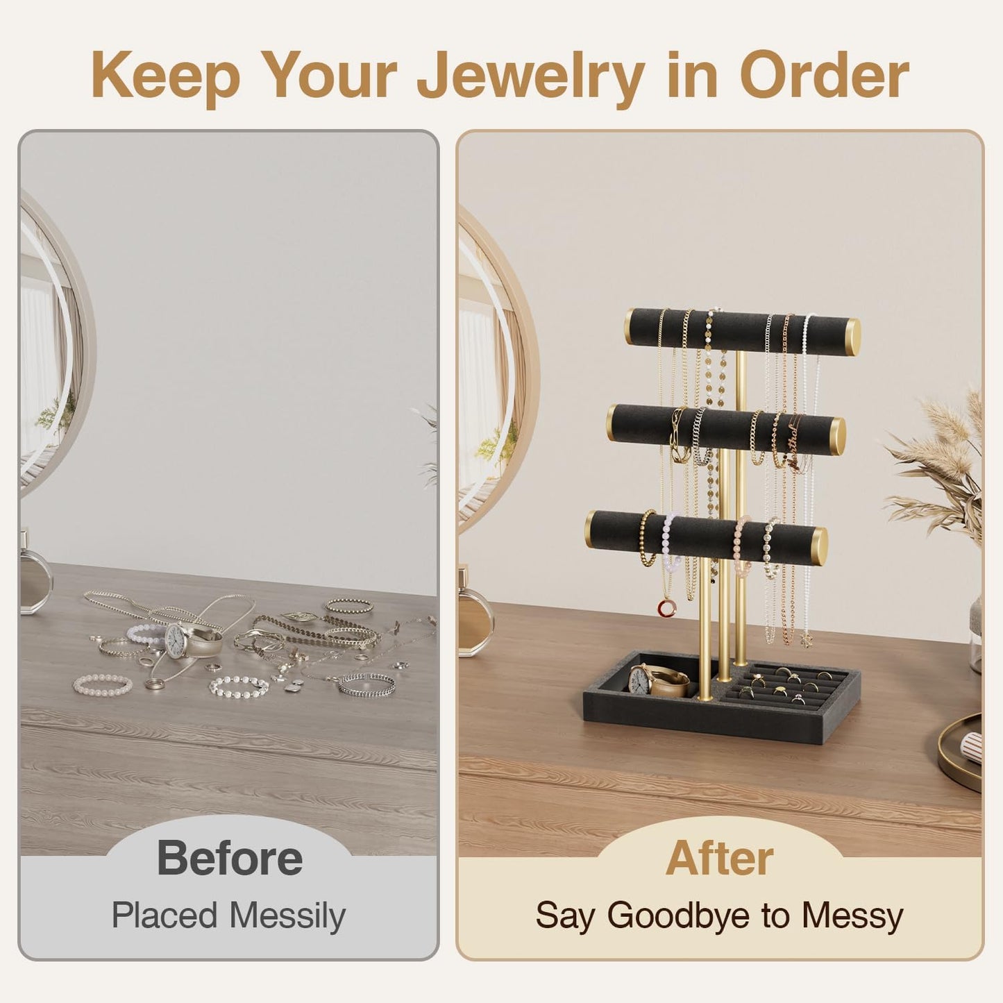 3 Tier Bracelet Holder Display - Detachable T Bar Black Velvet Bracelet Holder, Jewelry Holder Organizer for Bracelet, Necklace, Watches, Rings