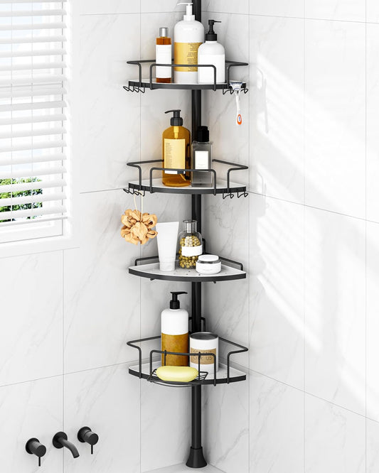 ALLZONE Corner Shower Caddy Tension Pole – Rust-Free Stainless Steel Shower Organizer with Adjustable Storage Shelves, Drill-Free Installation, Quick Setup, Extends from 34 to 116 Inches