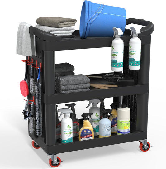 3 Tier Car Detailing Cart, Auto Detail Trolley with Wheels, Side Hanging Plate & Hooks, Detailing Tool Organizer for Mechanics & Detailers (Black)