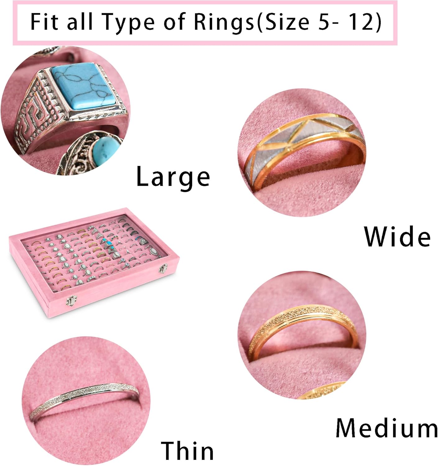 Frebeauty Ring Organizer Tray 100 Slots Ring Holder with Clear Lid Velvet Storage Box Jewelry Tray for Jewelry Store Earring Display Case for Jewelry Show Studs Box for Women(Pink)