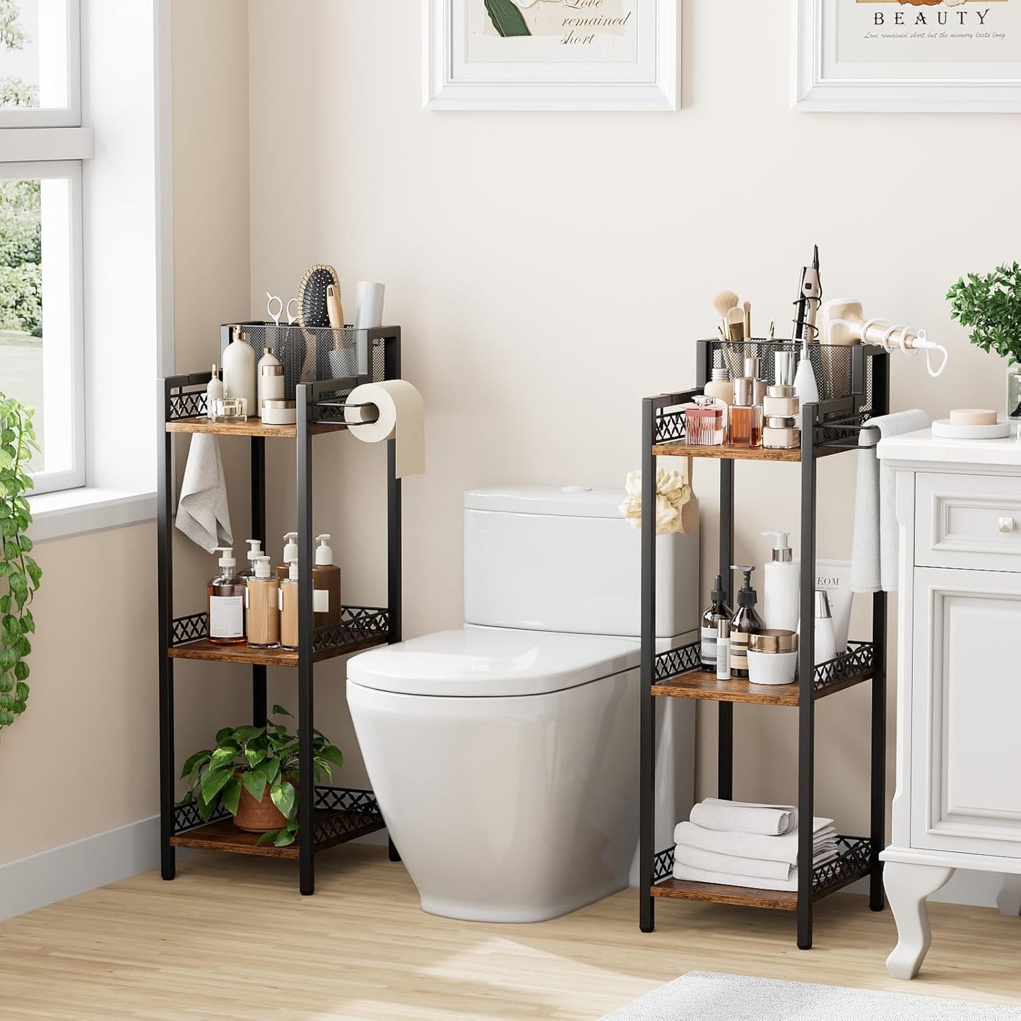 Bathroom Storage Shelf Hair Dryer Holder, 3-Tier Narrow Metal Standing Rack with Toilet Paper Holder, Multifunctional Corner Unit Rack for Cosmetic, Curling Irons (9.85“ Black Without Drawer)