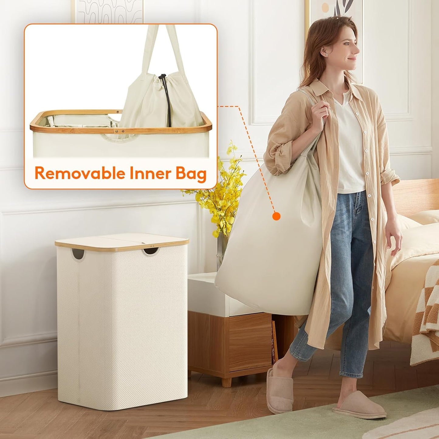 Lifewit 150L Laundry Basket with Lid, Clothes Hampers with Bamboo Handles and A Removable Laundry Bag, Large Foldable Hamper for Bedroom, Bathroom, Dorm, LaundryRoom, White