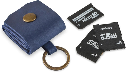 Leather SD Card Holder Keychain, SD Card Case Key Fob, Micro SD Card Holder Organizer, SD Card Storage Case, Memory Card Case Cover, Travel Memory Card Case (Blue)