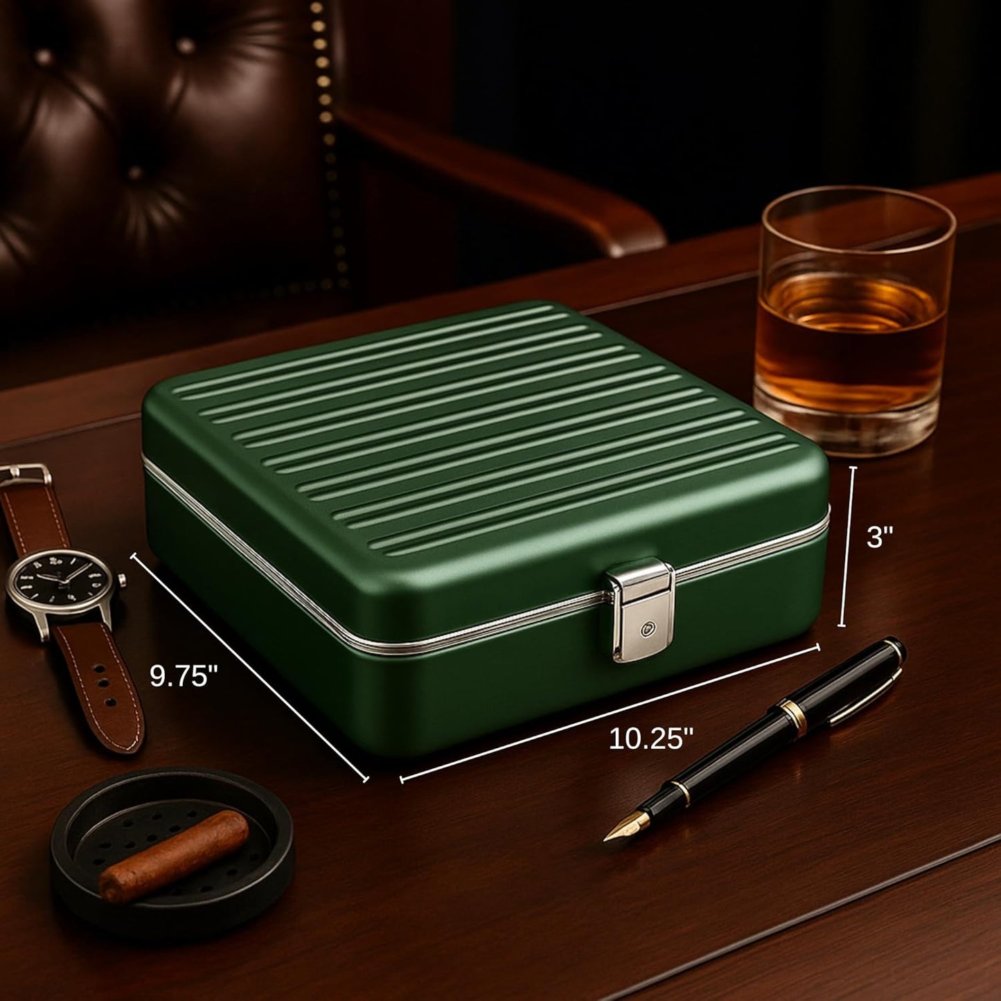 Bey-Berk Prague Aluminum Watch Case in Hunter Green – 9-Slot Locking Travel Box with Soft Interior for Watch Storage