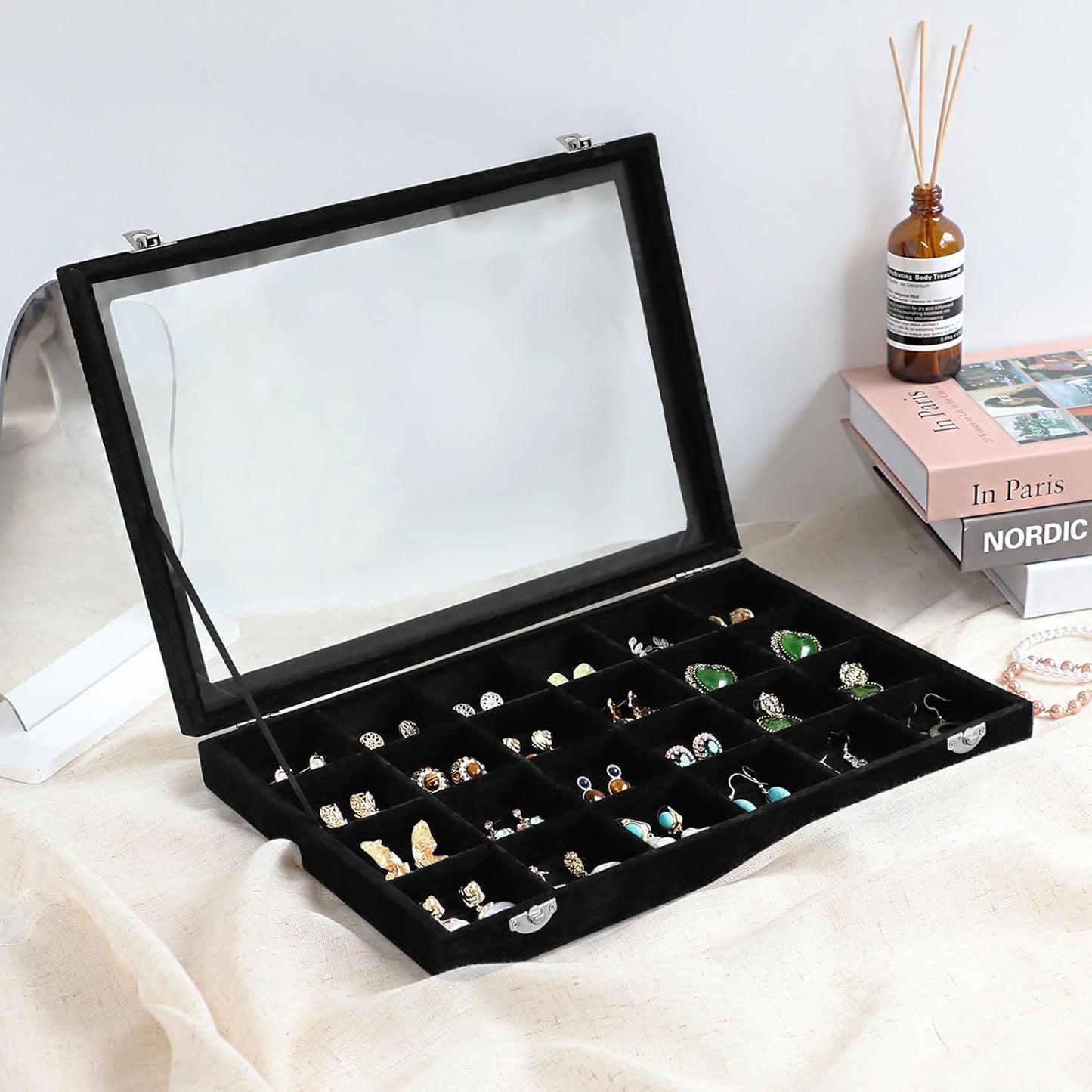 Wudygirl Jewelry Organizer 24 Grid Jewelry Tray with Clear Lid Velvet Jewelry Box Earrings Holder Organizer Jewelry Display Case (Black 24 Grid)