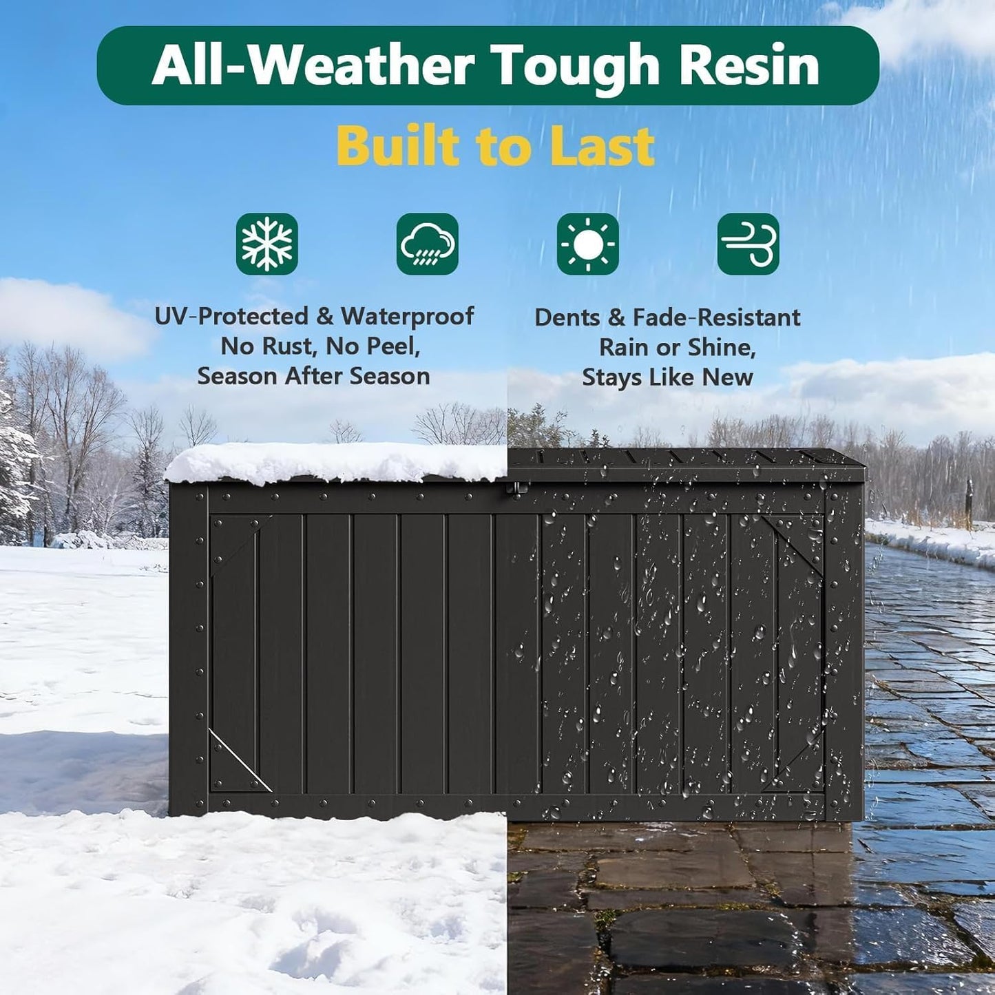 100 Gallon Outdoor Storage Box, Weatherproof Deck Box for Patio Cushions, Throw Pillows, Garden Tools, Lockable Resin Large Outdoor Storage Bench for Yard, Porch, or Balcony