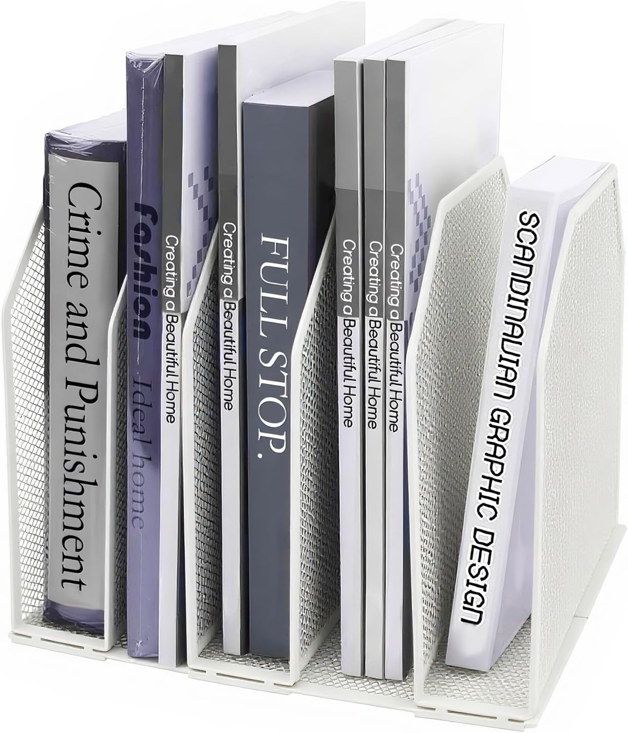 Adjustable Desk File Organizer,Detachable Office Folder Organizer,Compact Vertical Desk File Holder,Wrought Iron Paint,Suitable for Home, School, Office Classrooms (White - 5 grids)