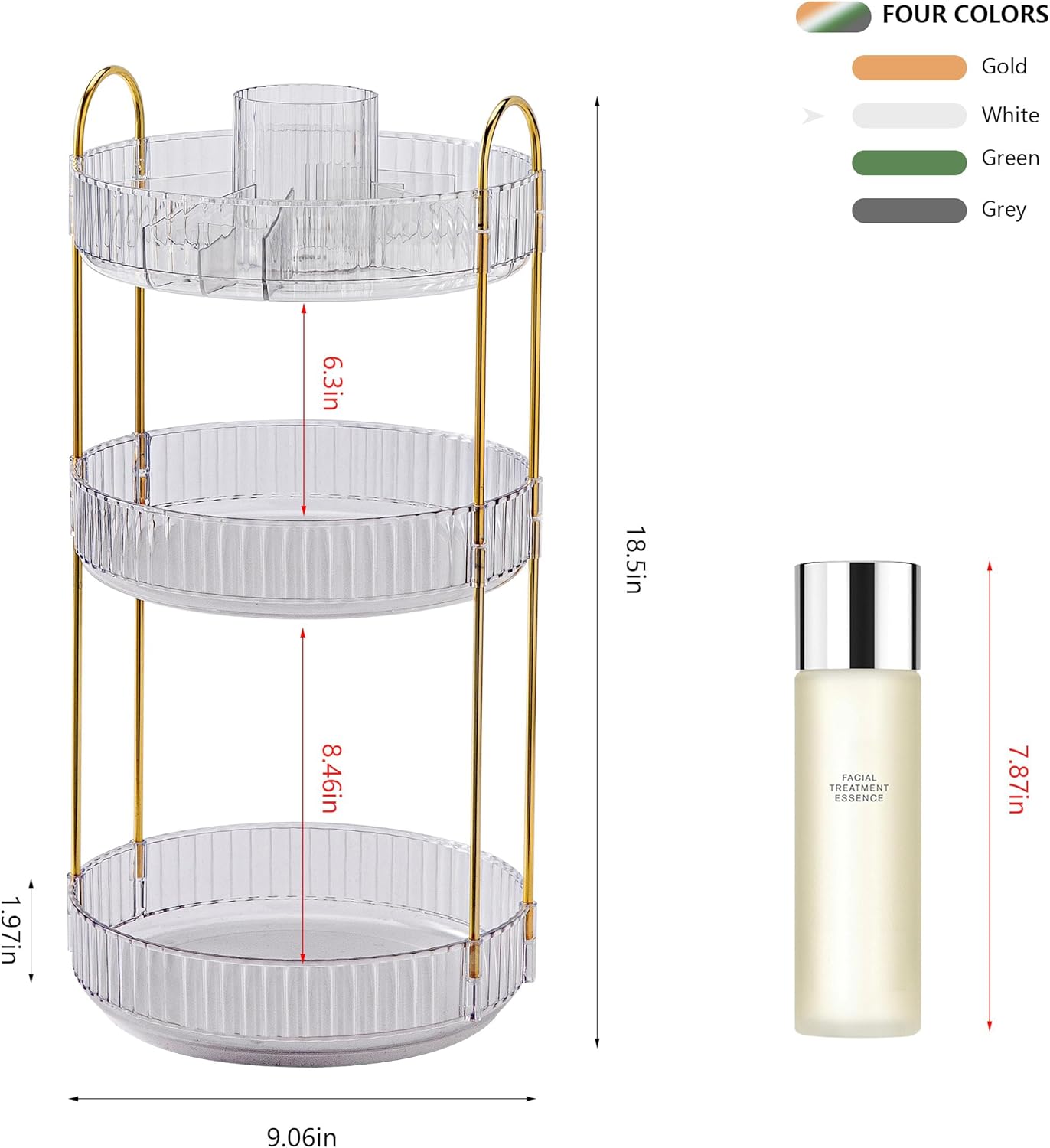 YCIA&DONE Rotating Makeup Organizer for Vanity, Large Capacity Make Up Storage Skin care Shelf Perfume Holders Cosmetic Dresser Organizer Countertop Spinning 360 (White Clear, 3Tiers)