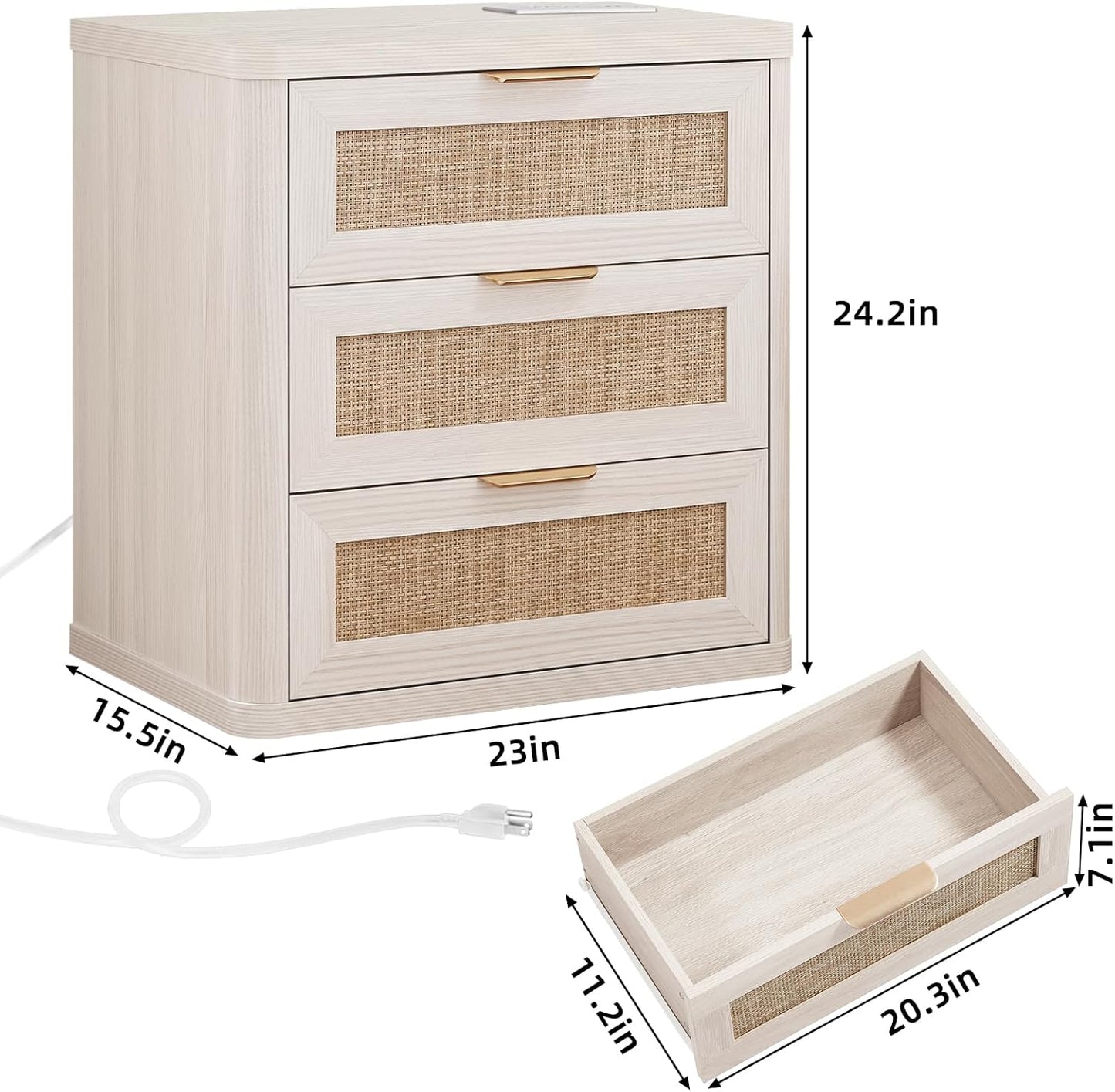 LEYAOYAO Rattan Night Stand with Charger Station, 23" Large 3 Drawer Boho Nightstand, Grey White Bedside Table Storage Cabinet, Bed Side End Tables for Bedroom, Living Room, Hallway