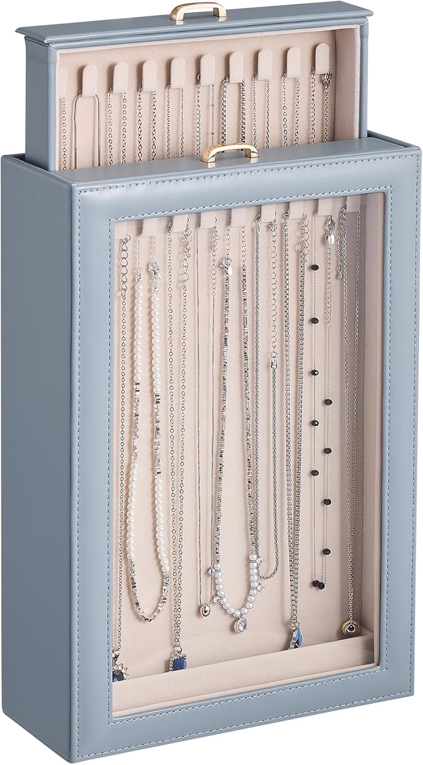 Lolalet Necklace Organizer Box, 2-Layer Jewelry Storage Boxes with Clear Lid for Necklaces, Tangle-Free Necklace Display Case for Women Girls -Dusty Blue