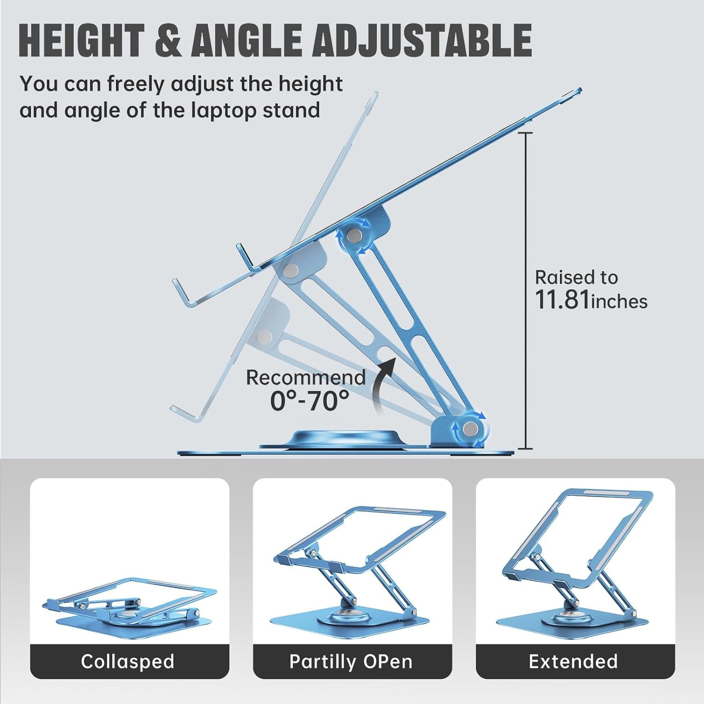 Laptop Stand for Desk, Adjustable Computer Stand with 360° Rotating Base, Ergonomic Laptop Riser for Collaborative Work, Foldable & Portable Laptop Stand, fits for All 10-16" Laptops (Blue)