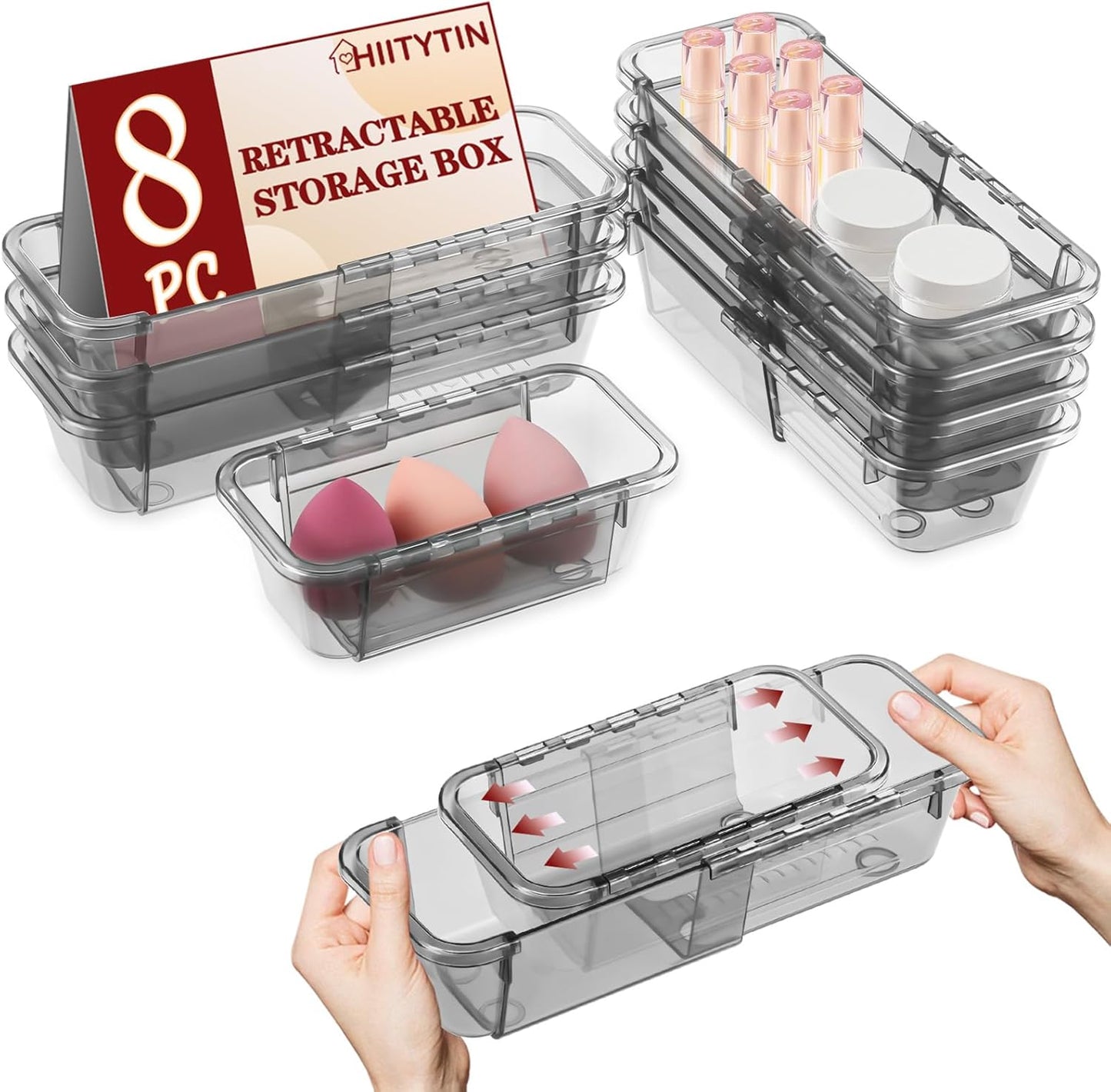 8 PCS Black Expandable Drawer Organizer, Medium Drawer Organizers and Storage, Vanity Dividers, Acrylic Storage Bins for Makeup, Jewelry Gadgets for Kitchen, Bedroom, Bathroom, Office