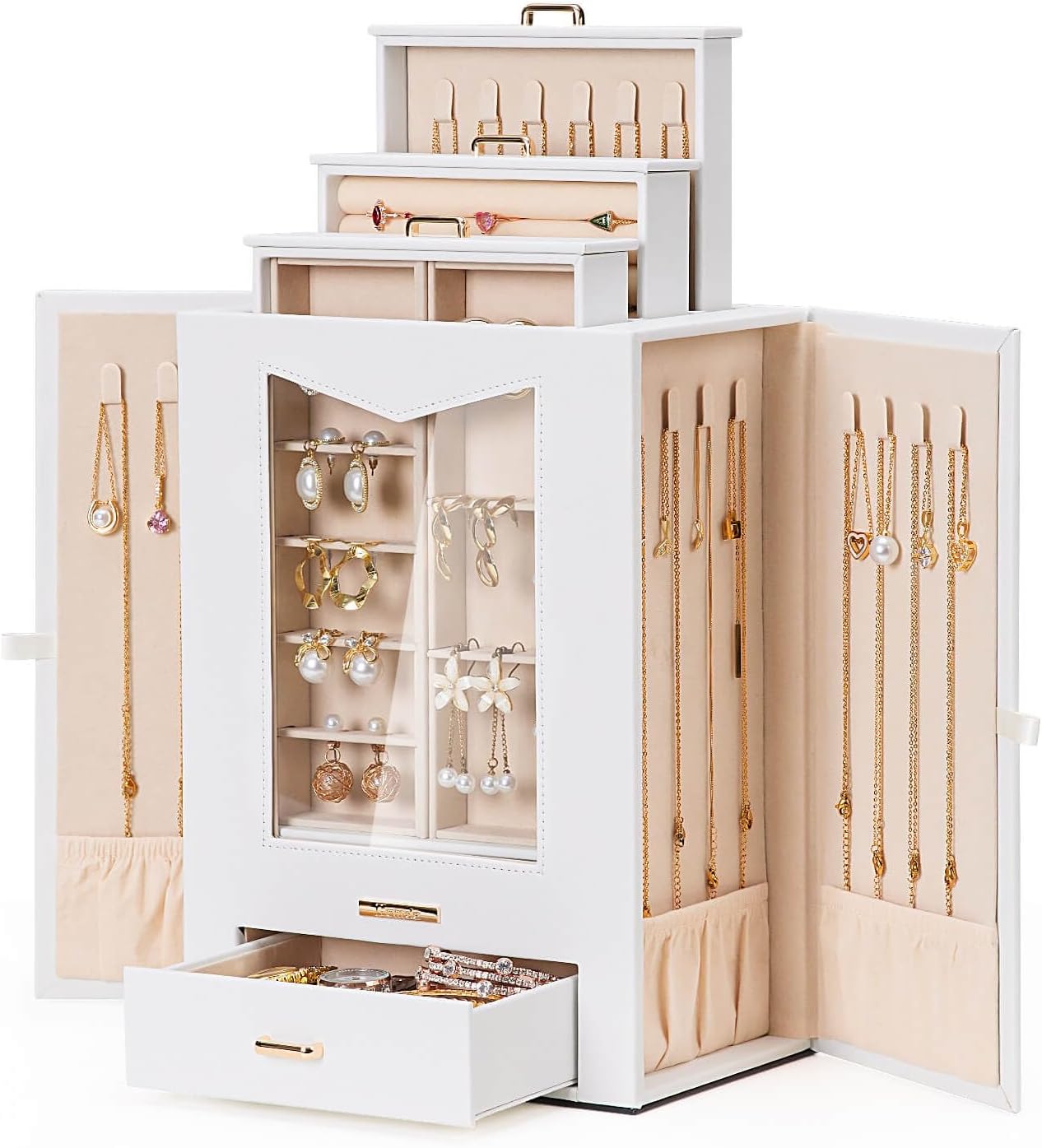 Homde Jewelry Organizer with Transparent Window Necklace Hooks Gift for Women Jewelry Box Display Case for Necklaces Rings Earrings Bracelets and Other Jewelry Accessories (White + Gold)
