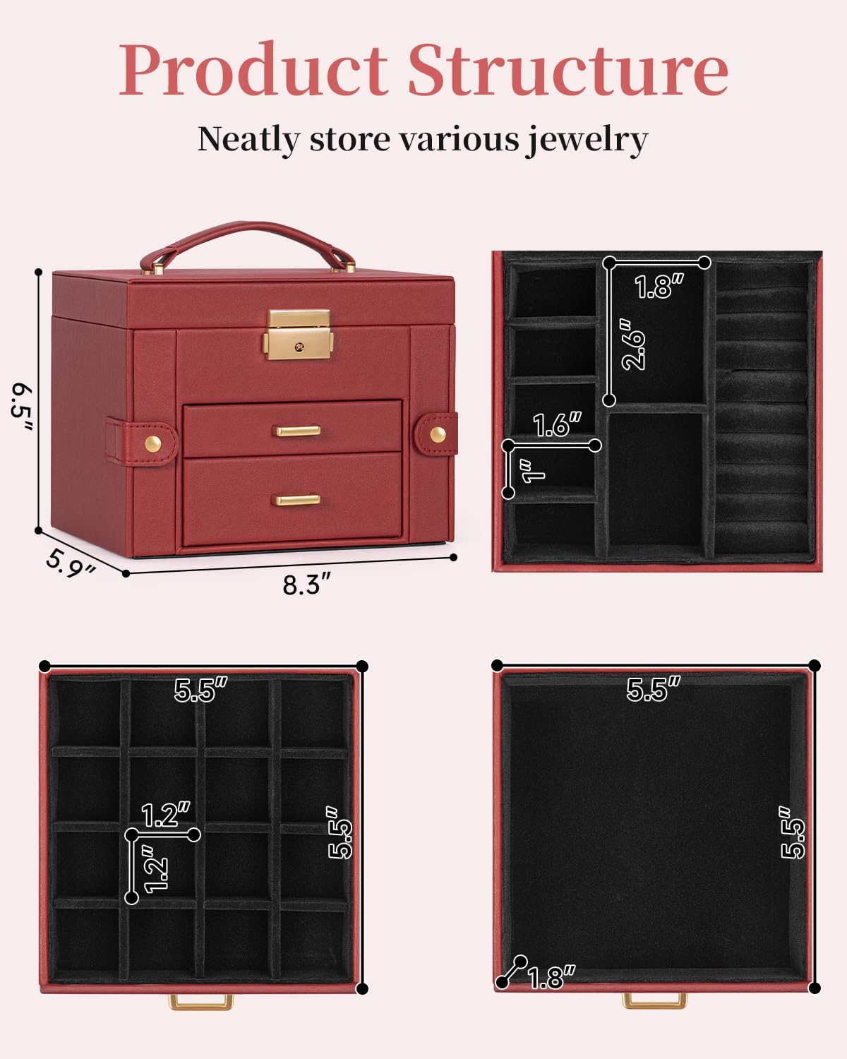 TORIBIO Jewelry Box for Women, Leather Jewelry Organizer with Mirror & Lock, 3-Tier Jewelry Storage Organizer with 2 Drawers for Girls/Women/Mothers, Necklace Earring Bracelets Holder Organizer