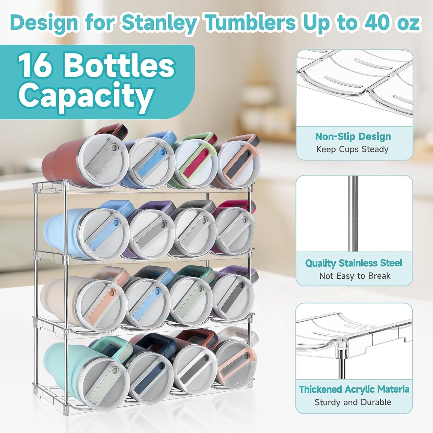 Stackable Water Bottle Organizer, Large Compartment Water Bottle Holder for Stanley 40 oz Tumbler, Kitchen Storage Organizer for Stanley Cup Accessories, Tumbler Organizer Wine Rack - Hold 16 Bottles