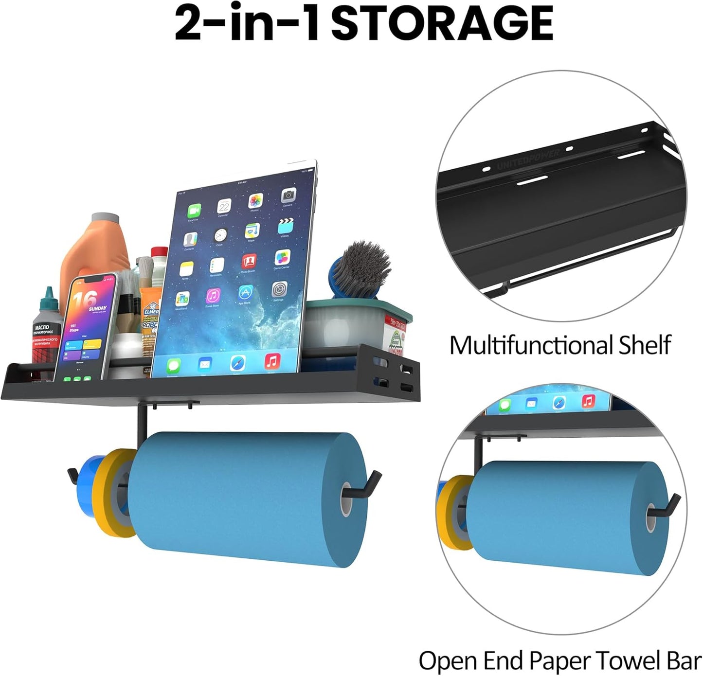 UNITEDPOWER Paper Towel Holder with Shelf, 2-in-1 Wall Mount Spray Bottle Rack, Storage Organizer for Home, Metal Garage Quick Clean Station, Holds 40 lbs