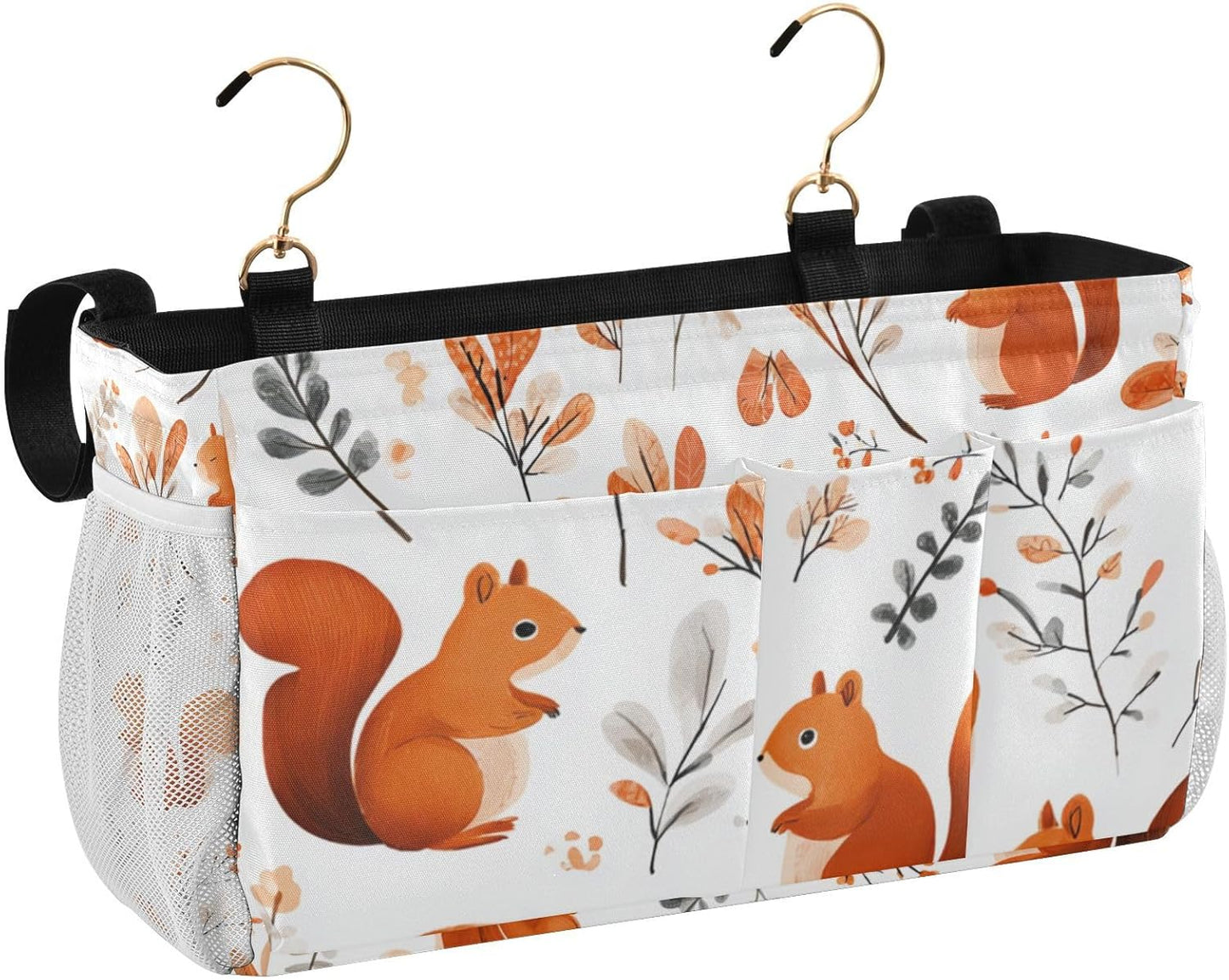 Squirrels and Fall Leaves Bedside Caddy for Dorm Bed Bedside Hanging Caddy Bag Iron Frame Storage Organizer Pocket for Bunk Home College Hospital Beds 2 Hooks