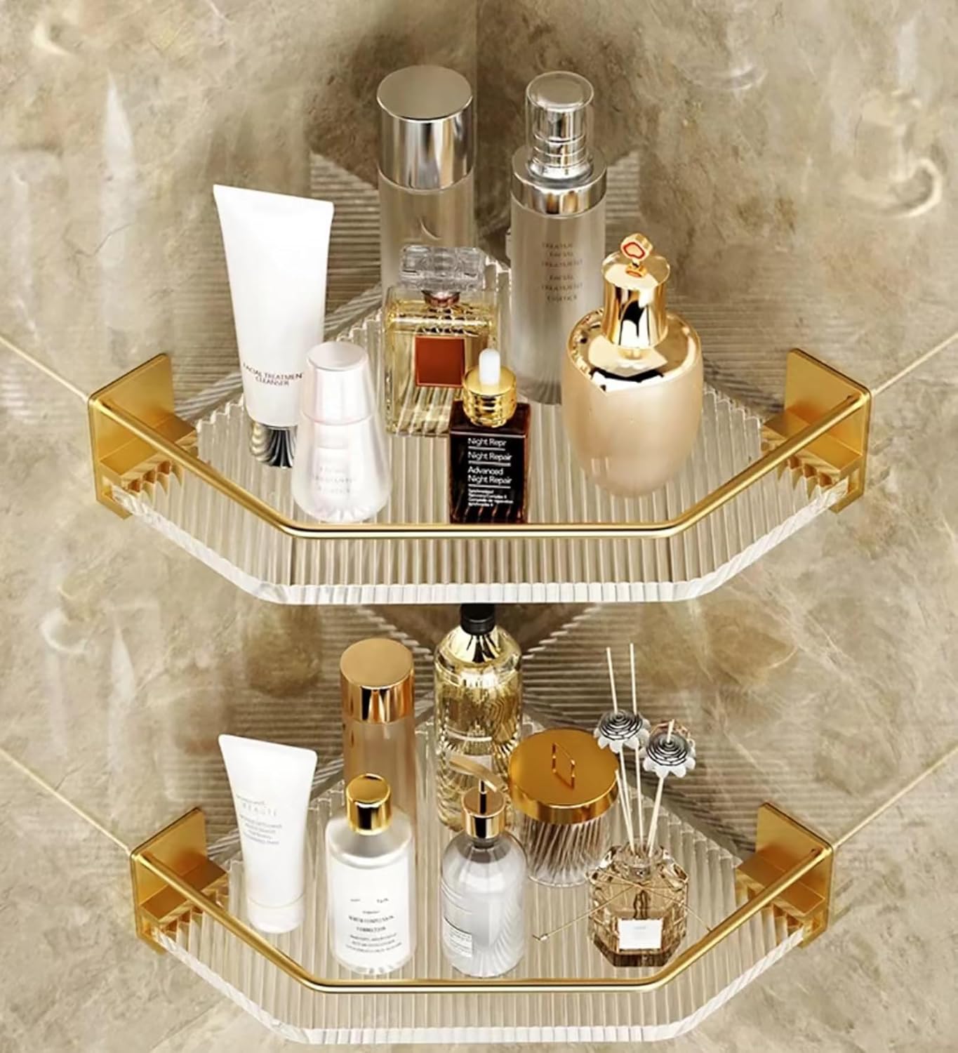EVERZONE Shower Corner Caddy, 2 Pack 12" Brushed 304 Stainless Steel Organizer for Bathroom,Kitchen & Balcony, Floating Shower Wall Shelf Bath Basket Rack Heavy Duty 2 Pack (Gold,Acrylic)
