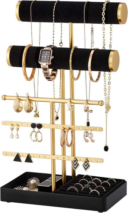 Lolalet Bracelet Display Stand Necklaces Holder, 5 Tiers Jewelry Organizer and Storage Rack with Velvet Slot and Metal Base, for Women Bangles Watches Ring Earrings -Black