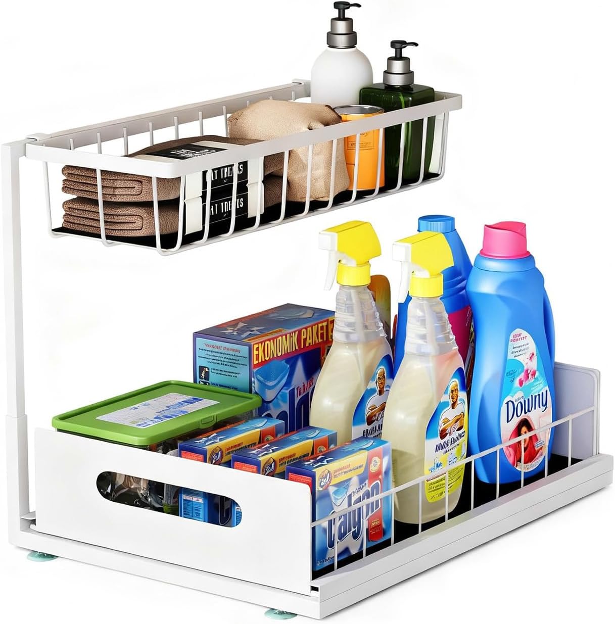 Under Sink Organizer, 2 Tier Under Sink Organizers and Storage Multi-Purpose Under Sink Storage for Bathroom Kitchen (White)