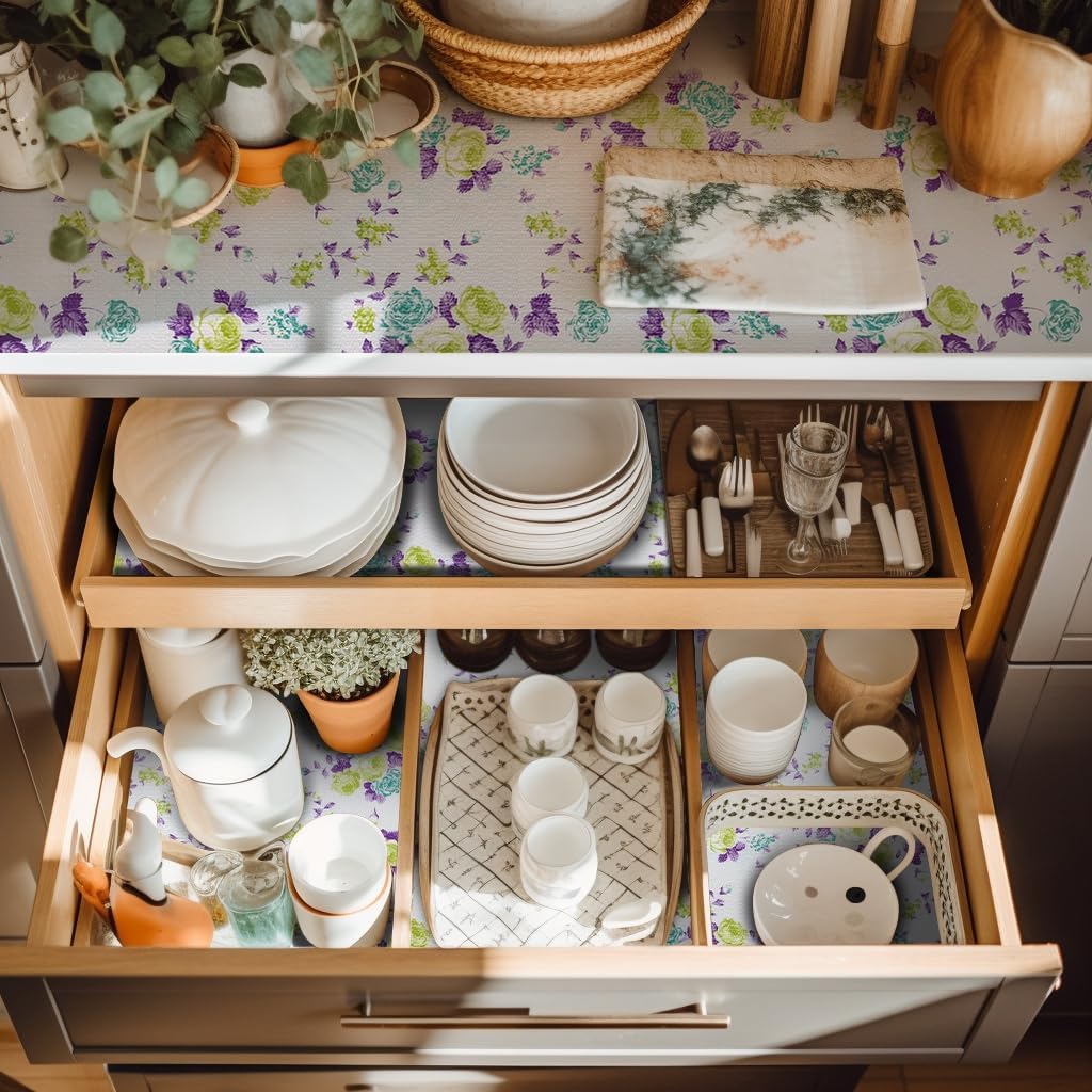 2 Rolls 18" W x 96" L Floral Drawer and Shelf Liner for Cabinets, Non-Adhesive Strong Grip Non-Slip Flower Shelf Cabinet Kitchen Shelf Liners for Kitchen Cabinets