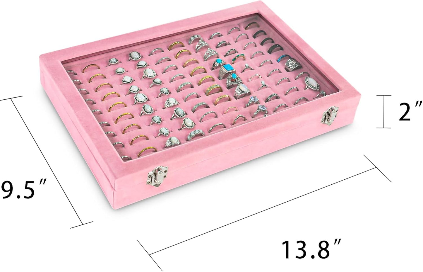 Frebeauty Ring Organizer Tray 100 Slots Ring Holder with Clear Lid Velvet Storage Box Jewelry Tray for Jewelry Store Earring Display Case for Jewelry Show Studs Box for Women(Pink)