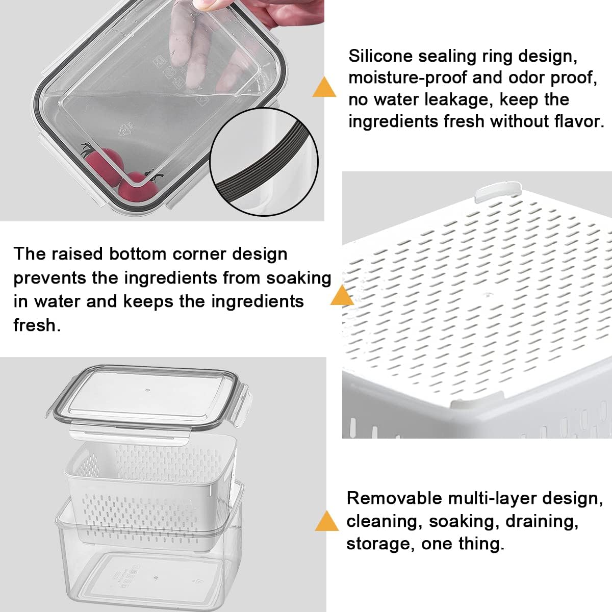 3Pack Fridge Food Storage Container Set with Lids with Strainer,Plastic Fresh Produce Saver Vegetable Fruit Meat Storage Organization, BPA-Free Plastic Produce Keepers(3.15L+1.7L+0.8L)