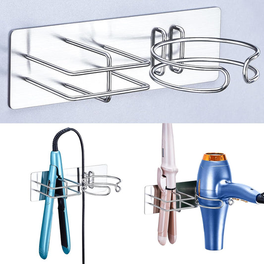 Hair Straightener Holder Hair Dryer Holder Wall Mounted, Blow Dryer and Curling Iron Holder, Blow Dryer Holder Wall Adhesive, Hair Dryer and Straightener Holder for Bathroom Salon (Silver)