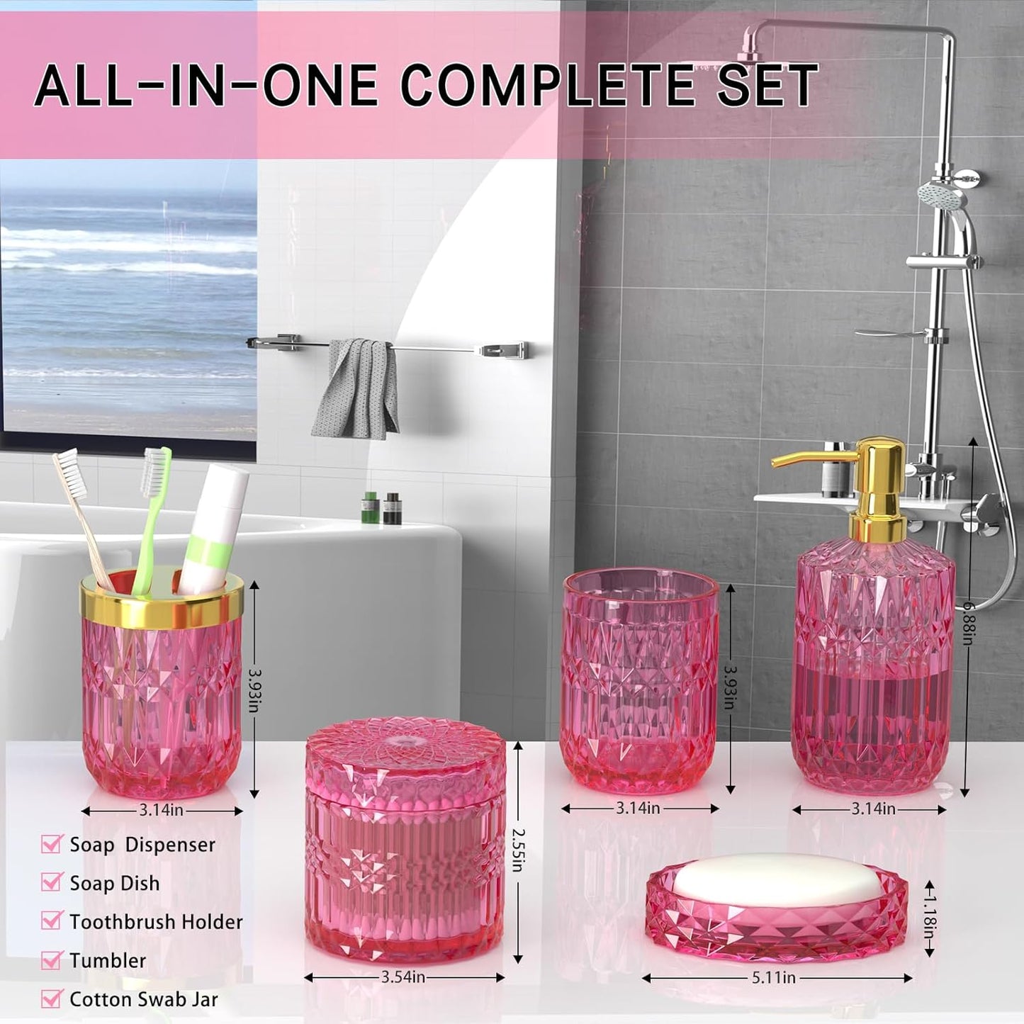 Hot-Pink Glass Bathroom Accessories Set 5 Pcs, Hot-Pink Bathroom Set, Soap Dispenser and Toothbrush Holder Set, Qtip Holder Set, Vintage Bathroom Sink Set, Cute Bathroom Decor