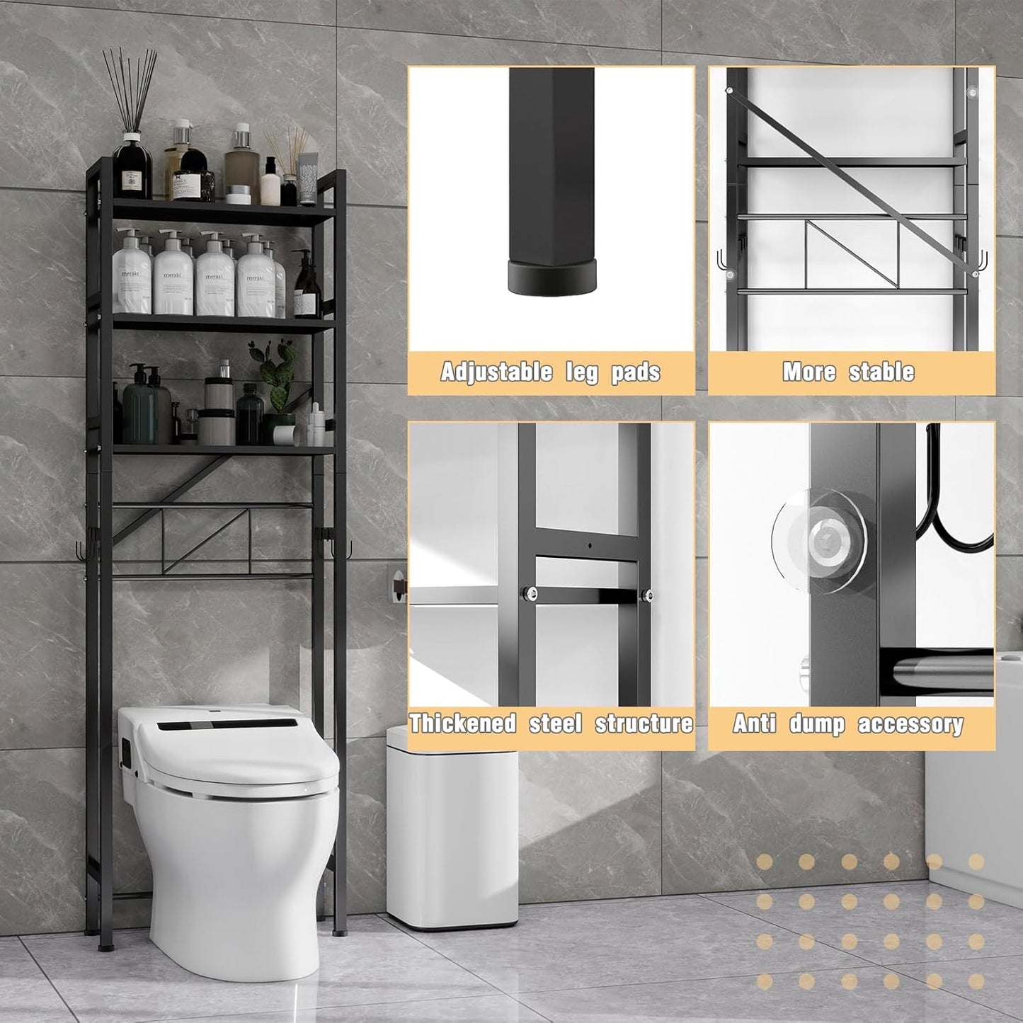 Over The Toilet Storage Cabinet, Metal 3 Tier Bathroom Organizer Shelf, Stable Freestanding Above Toilet Stand, Black