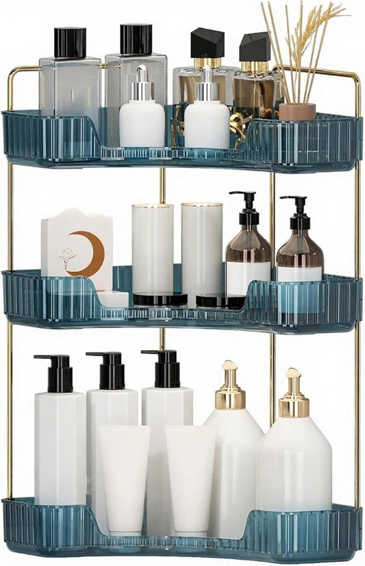Corner Bathroom Countertop Organizer, Vanity Organizer Trays for Counter, Makeup Organizers, Perfume Tray, Skincare Shelf Storage Gifts for Women Girl Student (Blue, 3 Tiers)