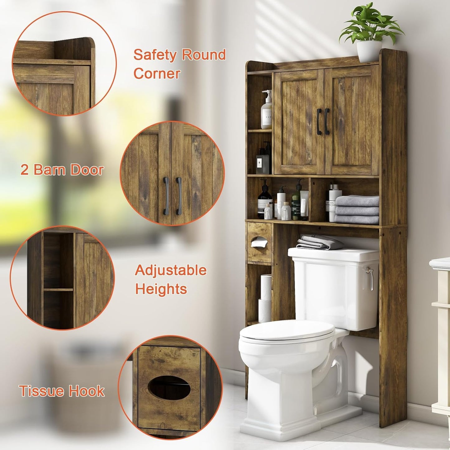 Vabches Over The Toilet Storage Cabinet, Farmhouse Storage Cabinet Over Toilet with Barn Door，Home Space-Saving Toilet Rack for Bathroom, Restroom and Laundry