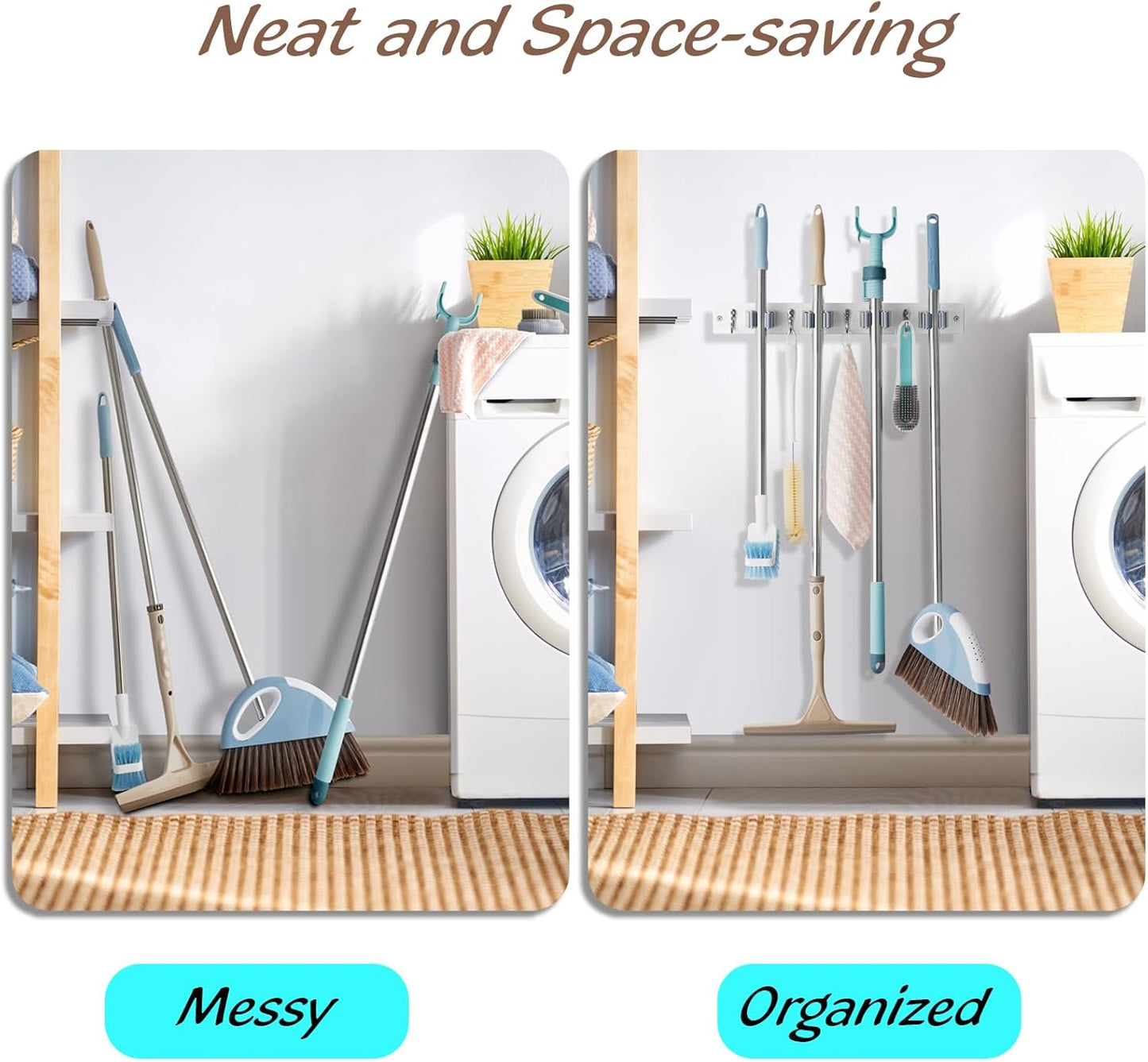 White Mop Broom Holder Wall Mount with 4 Slots & 4 Hooks - Wood Broom Mop Hanger for Pantry Closet Laundry Room Organization - Heavy Duty Garden Tool Organizer - White Kitchen Decor