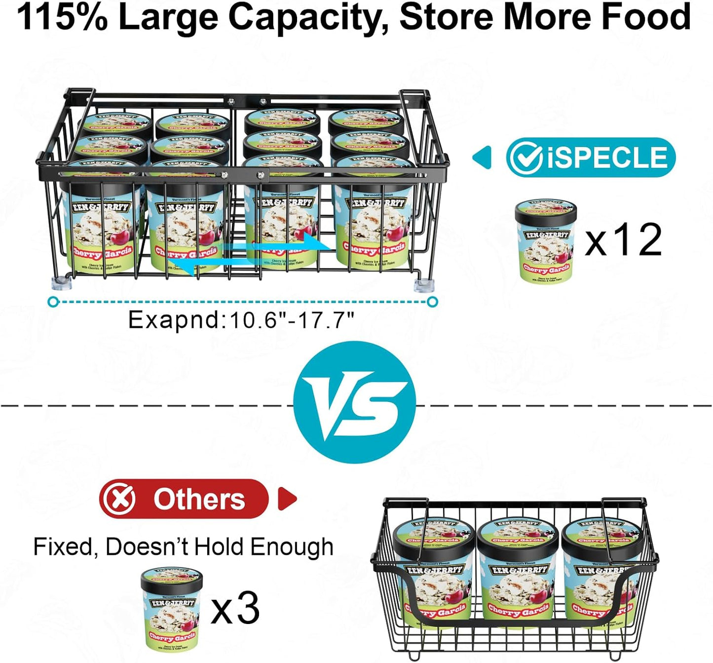iSPECLE Chest Freezer Organizer - Fit 10 to 20 Cu.FT Freezer, 3 Pack Large Expandable Stackable Deep Freezer Organizer Bins Sort Frozen Food and Easily Get with Handle, Improve Air Circulation, Black