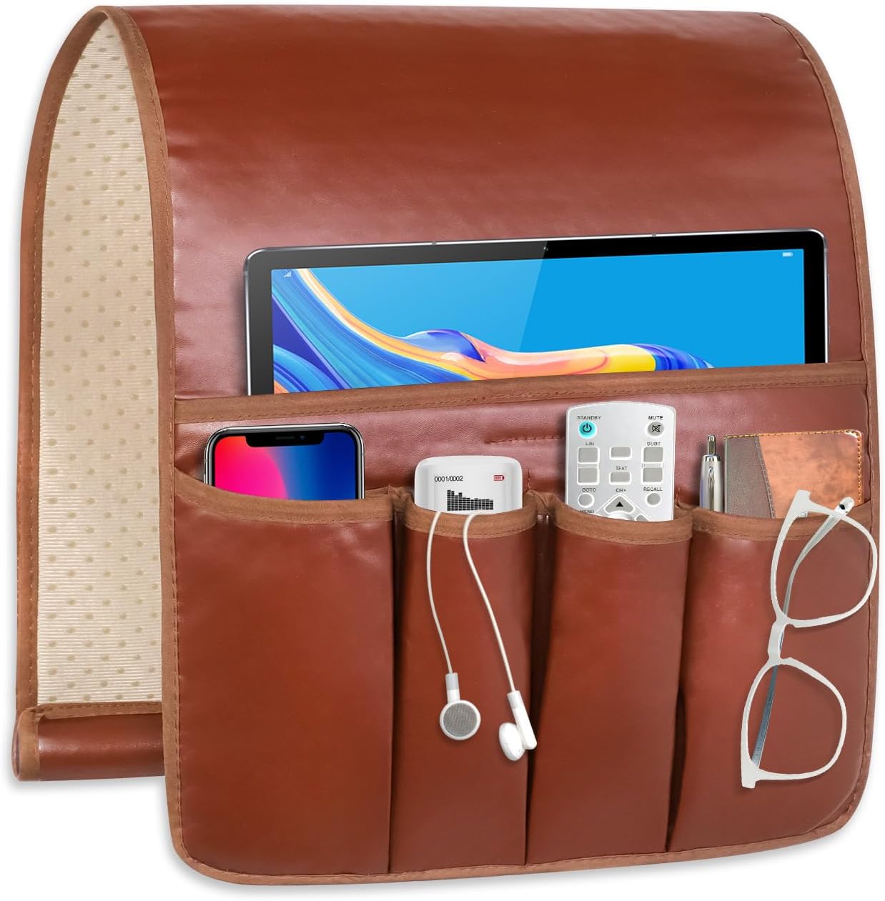 Non-slip Couch Organizer Armchair Caddy, Artificial Leather TV Remote Control Holder Bedside Caddy with 5 Pockets for Key Glasses Phone Magazine Holders.