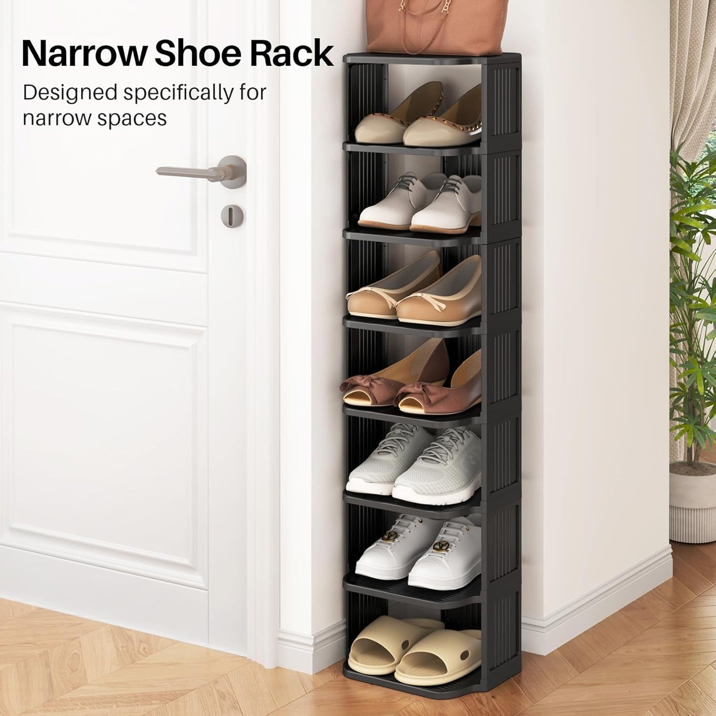 Kitstorack 10 Tiers Stackable Shoe Rack for Closet and Front Door Entrance - Free Standing Plastic Stand, Narrow Tall Vertical Organizer for Small Spaces Storage