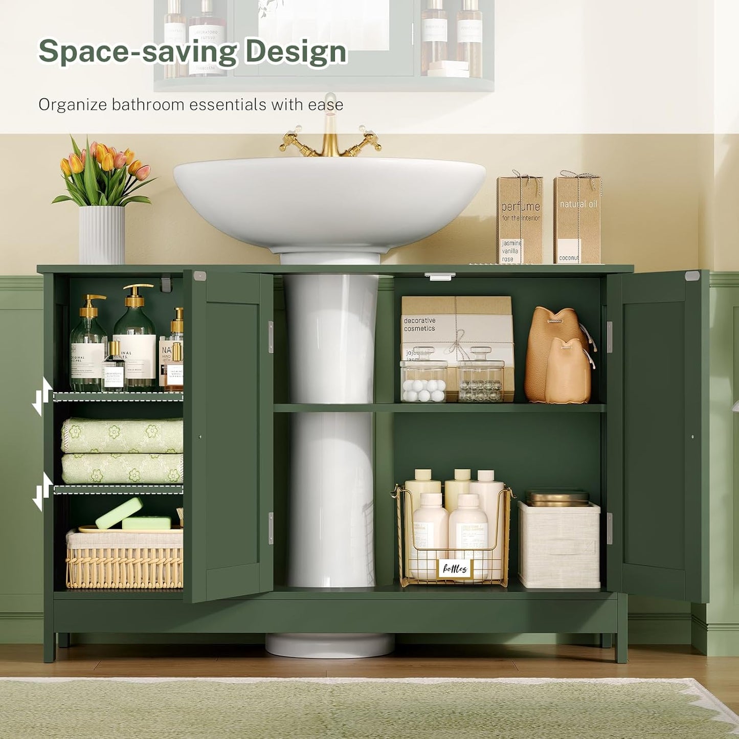 TEENFON 35.4" Pedestal Sink Storage Cabinet with 2 Doors and Adjustable Shelves, Bathroom Sink Cabinet, Under Sink Storage with U-Shape Cut-Out, Green UNYSG034V