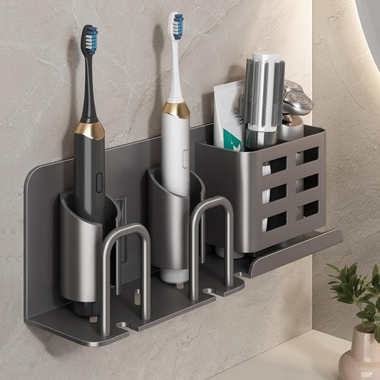 Electric Toothbrush Holder Wall Mounted, Aluminum Bathroom Organizer with No Drill - Holds 4 Toothbrushes & Toothpaste (2 Slots)