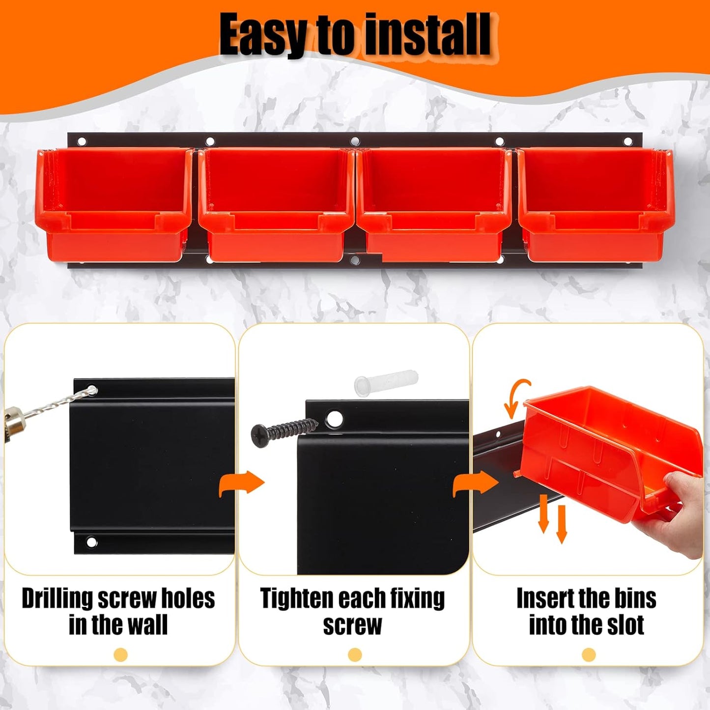 Maitys Wall Mounted Storage Bins Plastic Hanging Stackable Storage Parts Garage Tool Organizer for Screws, Nuts, Bolts, Nails, and Small Hardware Parts, 16x Bins & 4 x Rails(Orange)