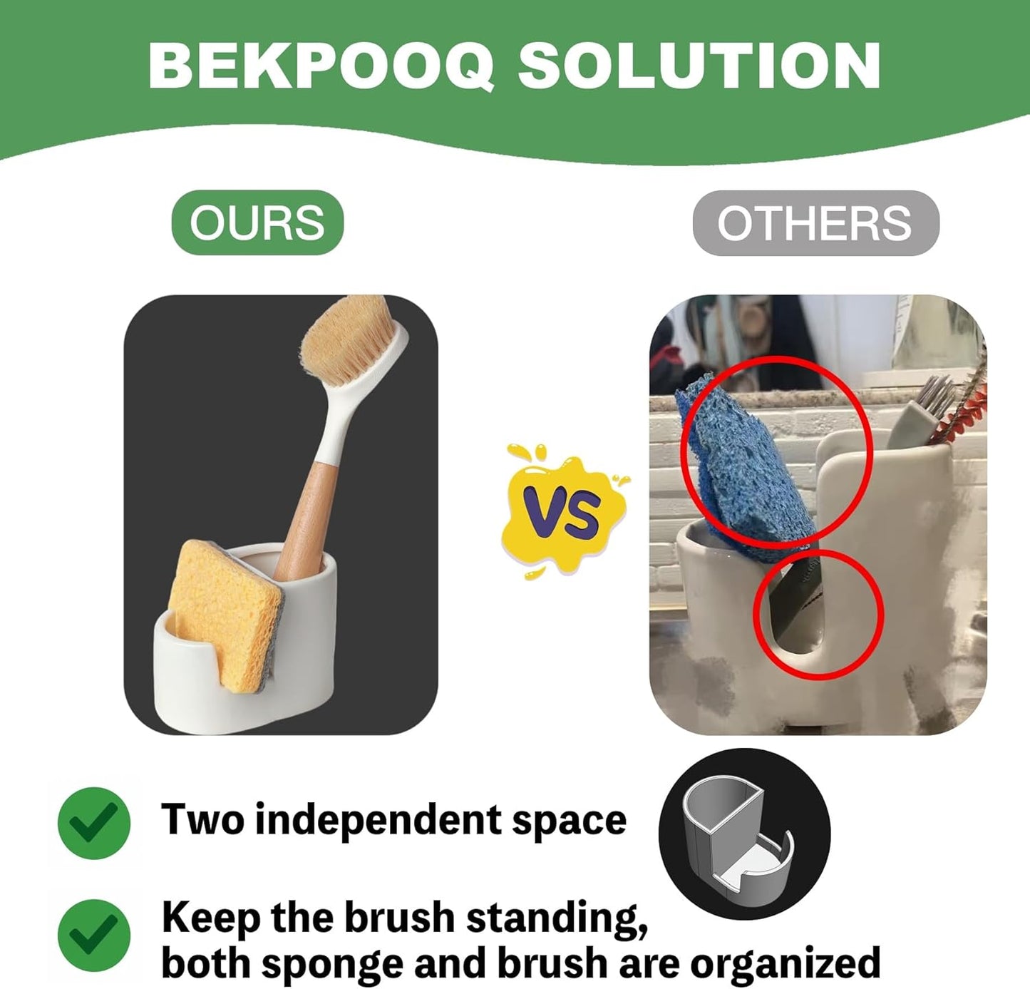 2-in-1 Ceramic Sponge Holder,Dish Sponge and Brush Holder for Kitchen Sink,Bathroom, Keeps Sponges, Brush and Countertop Drying&Hygienic, Dishwasher Safe, Rust-Proof, White