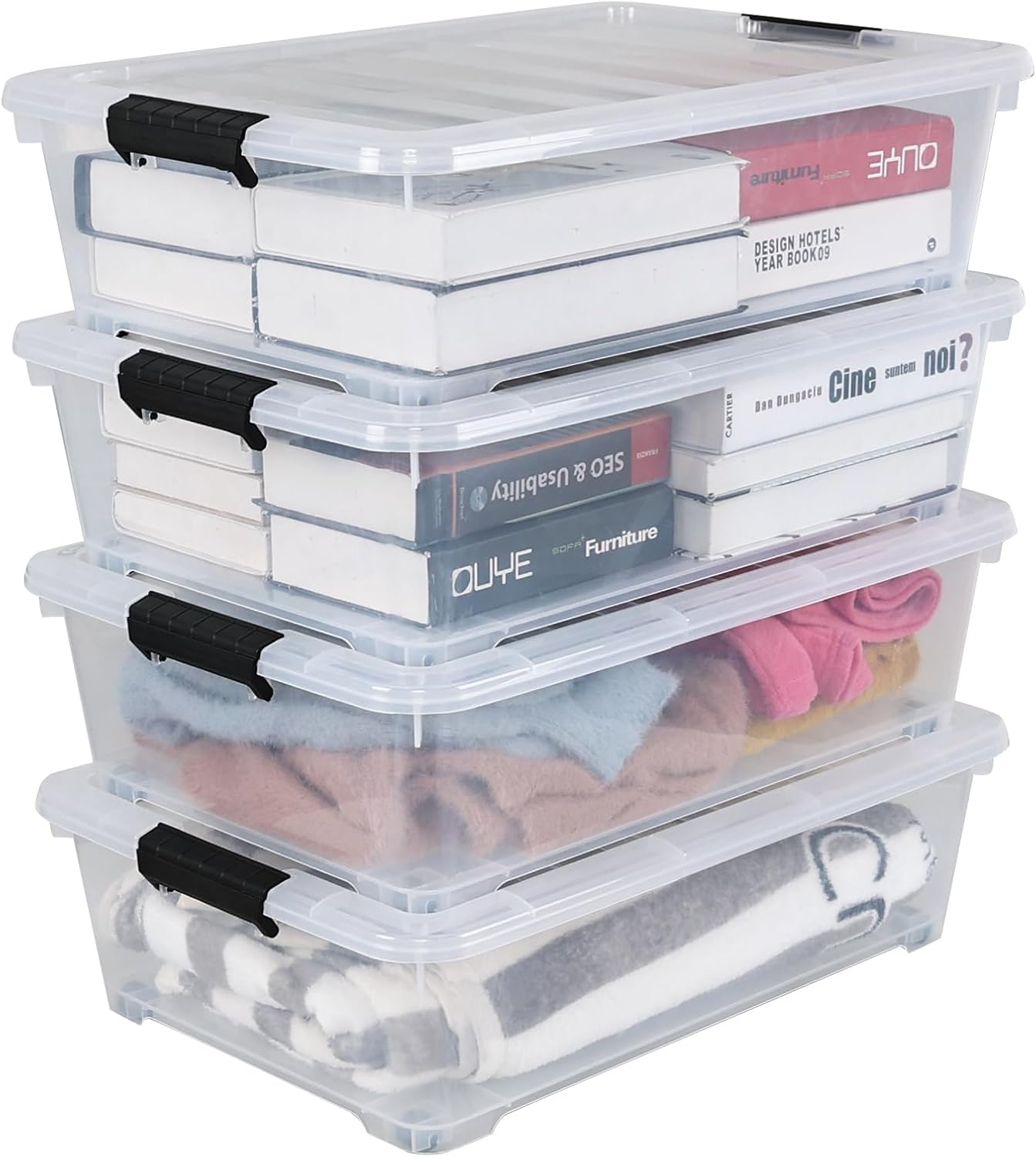 Saedy 4 Pack 25 L Under Bed Storage Box on Wheels, Plastic Lidded Storage Container Bins, F