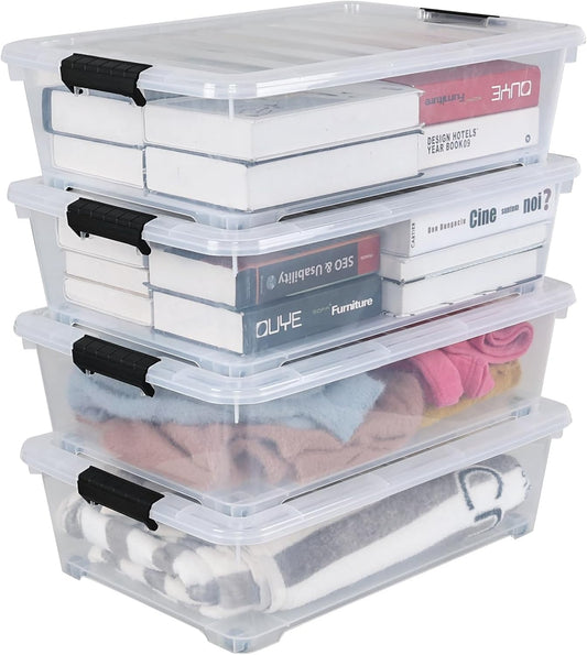 Saedy 4 Pack 25 L Under Bed Storage Box on Wheels, Plastic Lidded Storage Container Bins, F