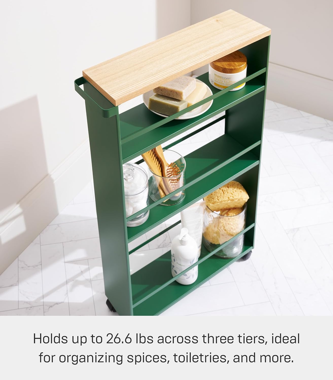 YAMAZAKI Home Slim Rolling Storage Cart – Narrow Kitchen Storage Cabinet with Handle, Slim Storage Cart with Wheels, Easy Assembly, Steel + Wood, Green